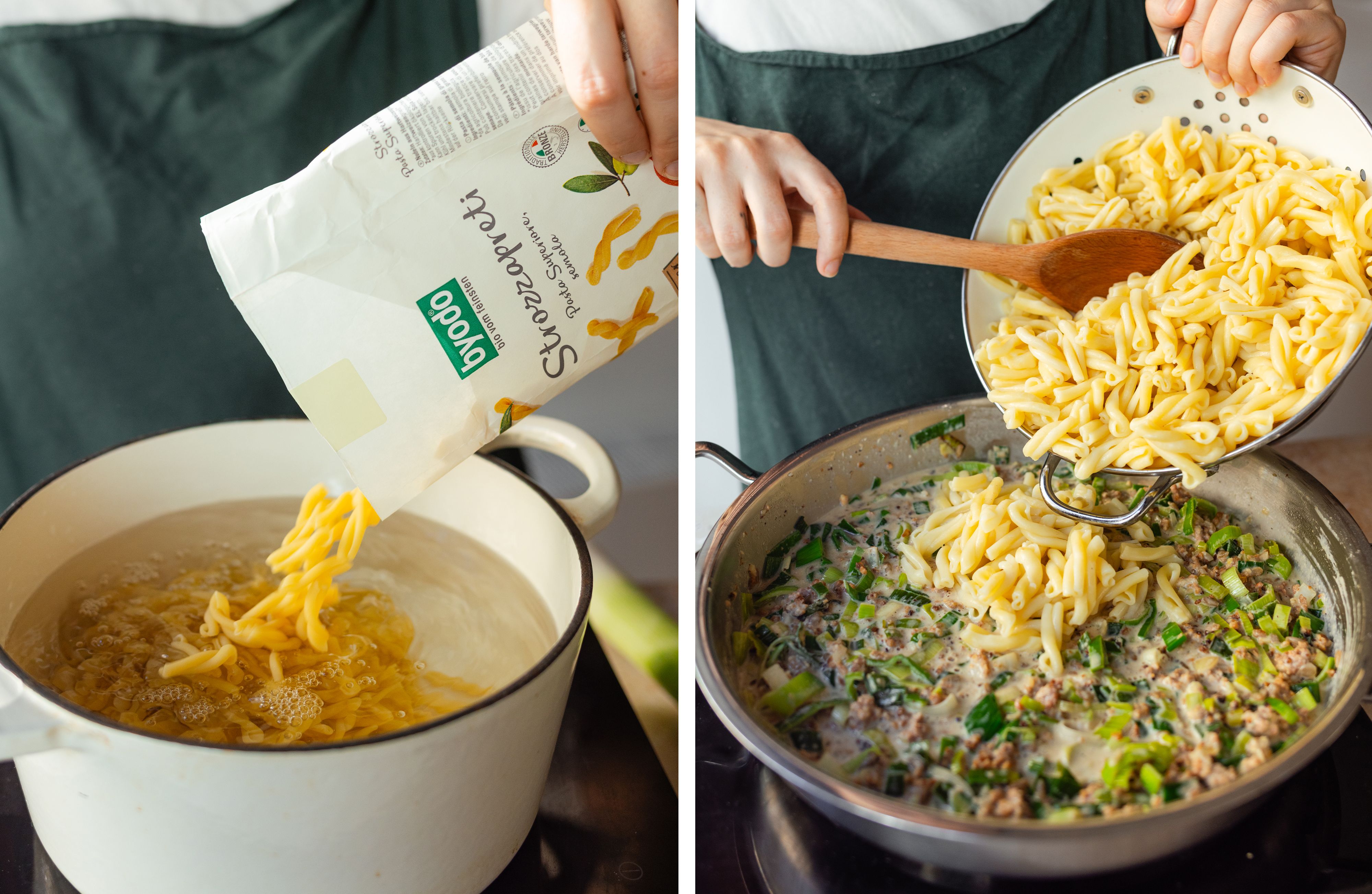 R950 Pasta with Cheese-Leek and vegan meat 