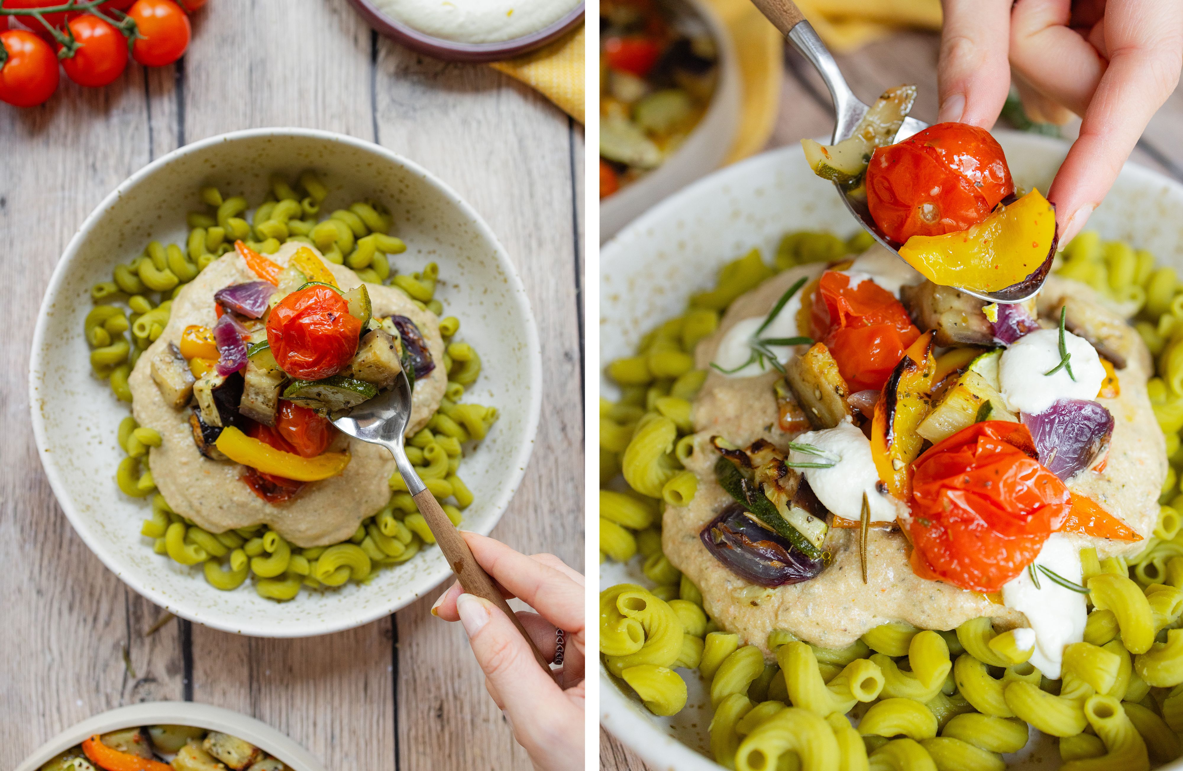 R948 Vegane Ofengemüse-Pasta mit Zitronen-Ricotta-Creme