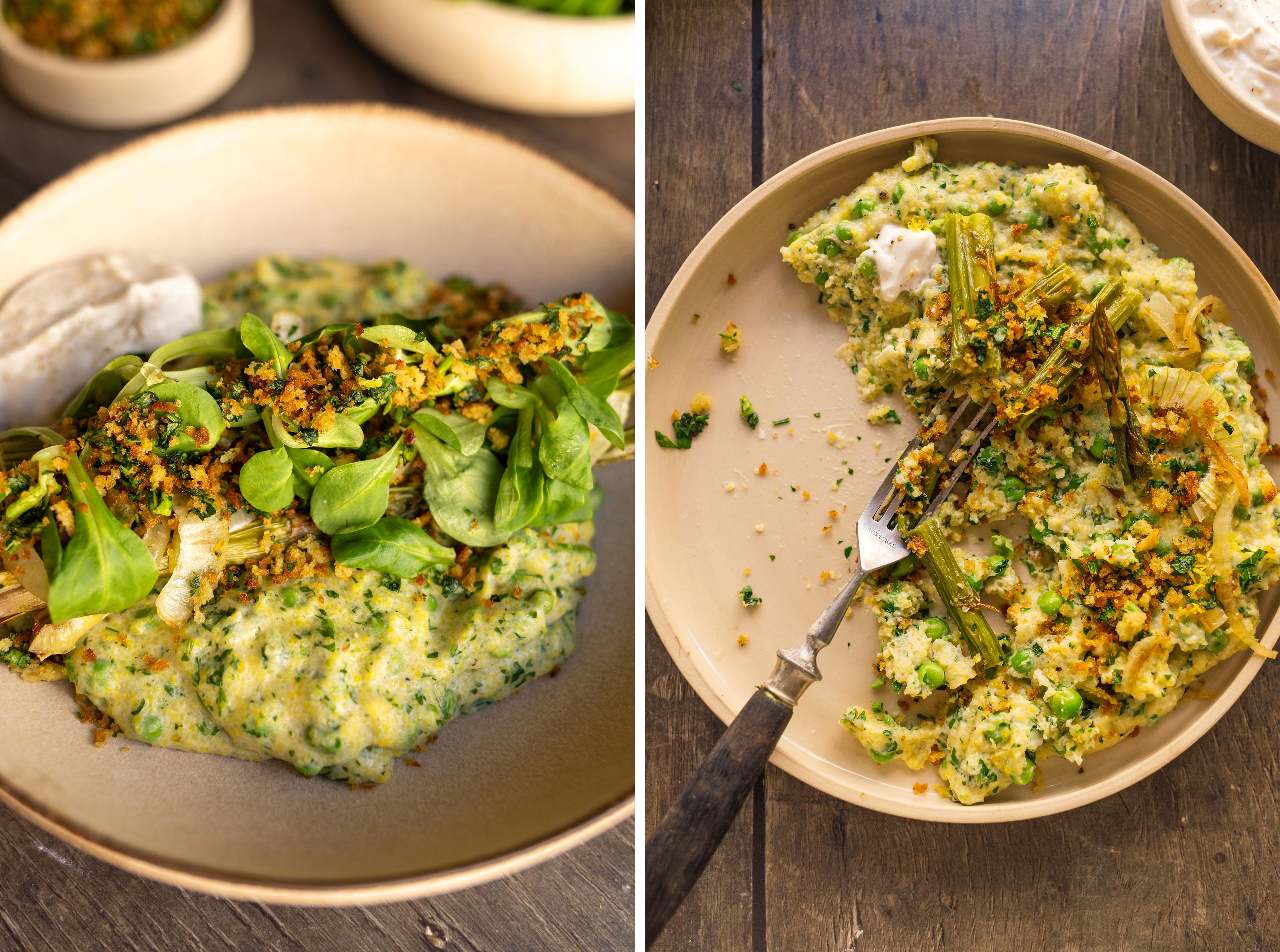 R966 Vegan Lemon Polenta with Green Asparagus, Peas and Crunchy Topping