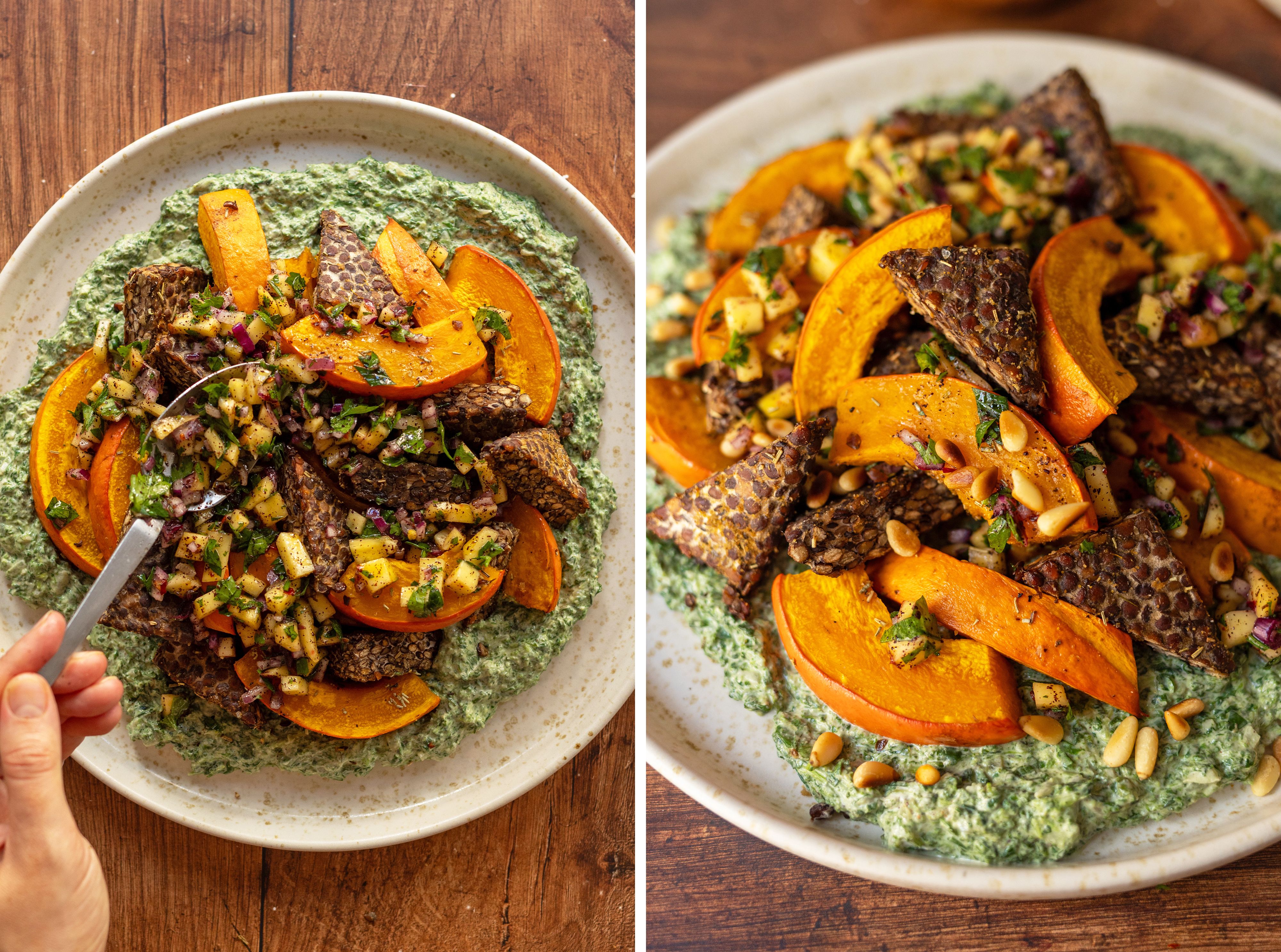 R992 Kürbis und Tempeh aus dem Ofen mit würzigem Rahmspinat und Mango-Salsa