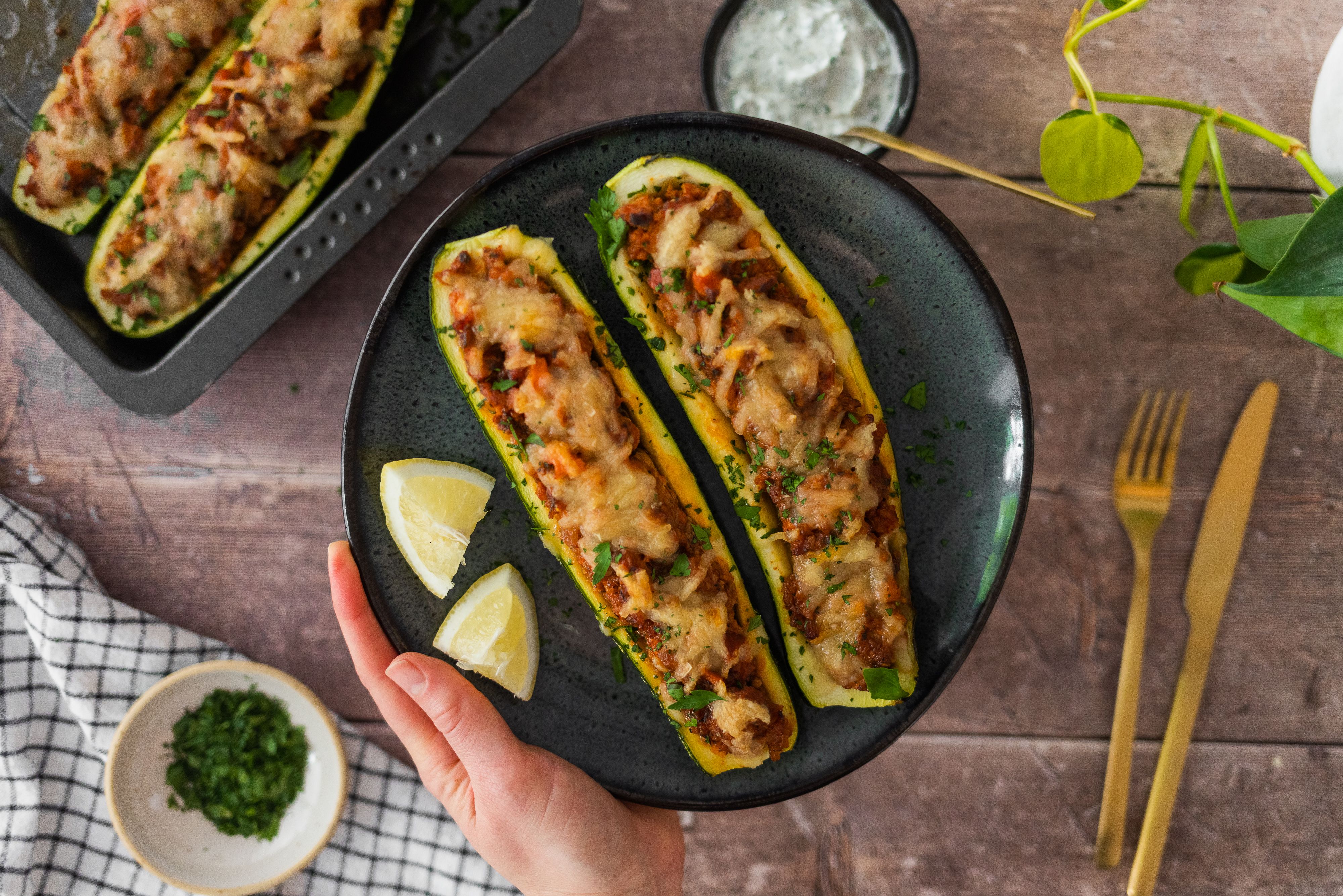 Vegan Minced Meat Stuffed Zucchini Boats 