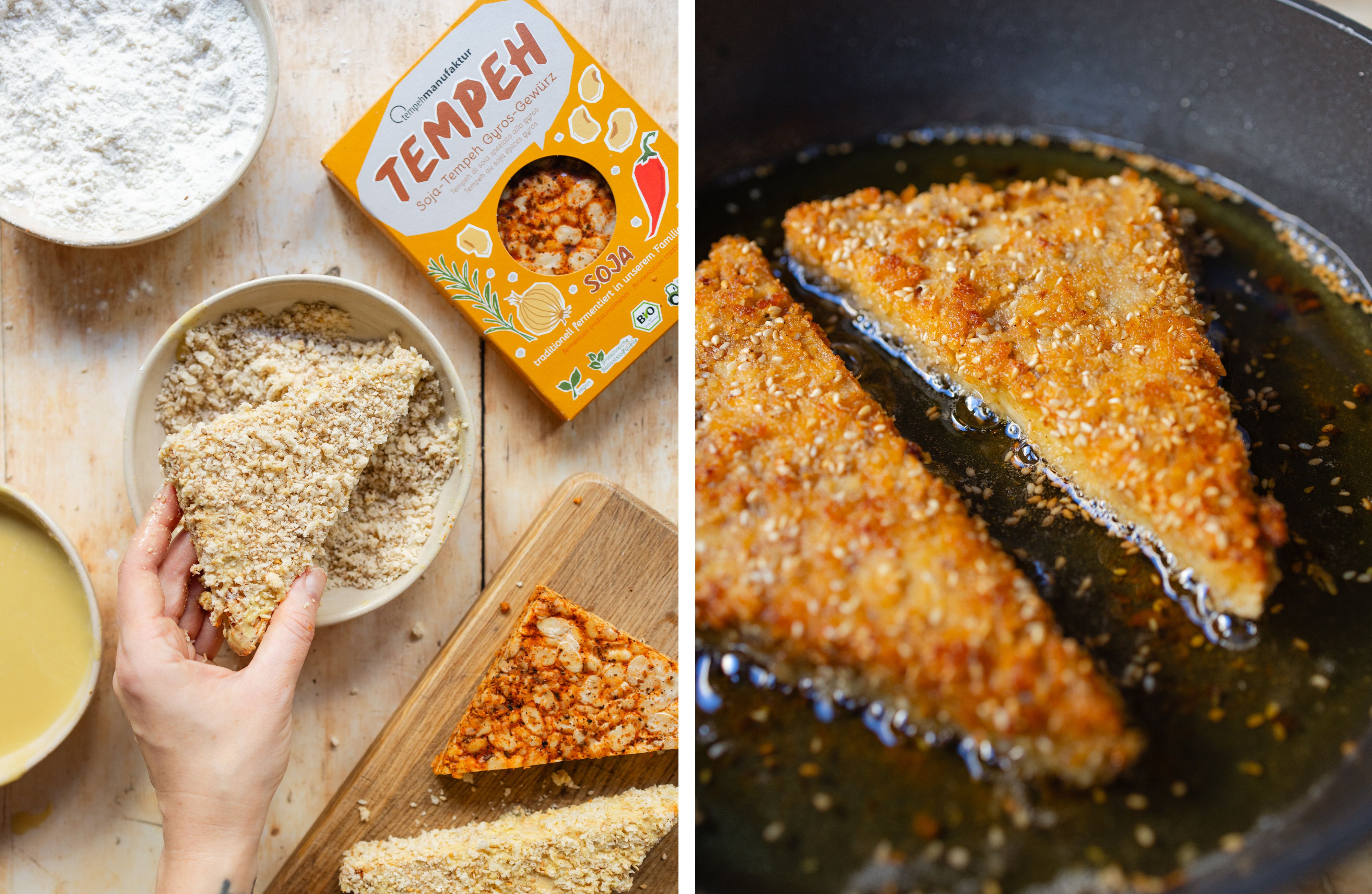 R993 Knusprige Tempehschnitzel mit Kartoffel-Pastinaken-Püree und Pilzsoße