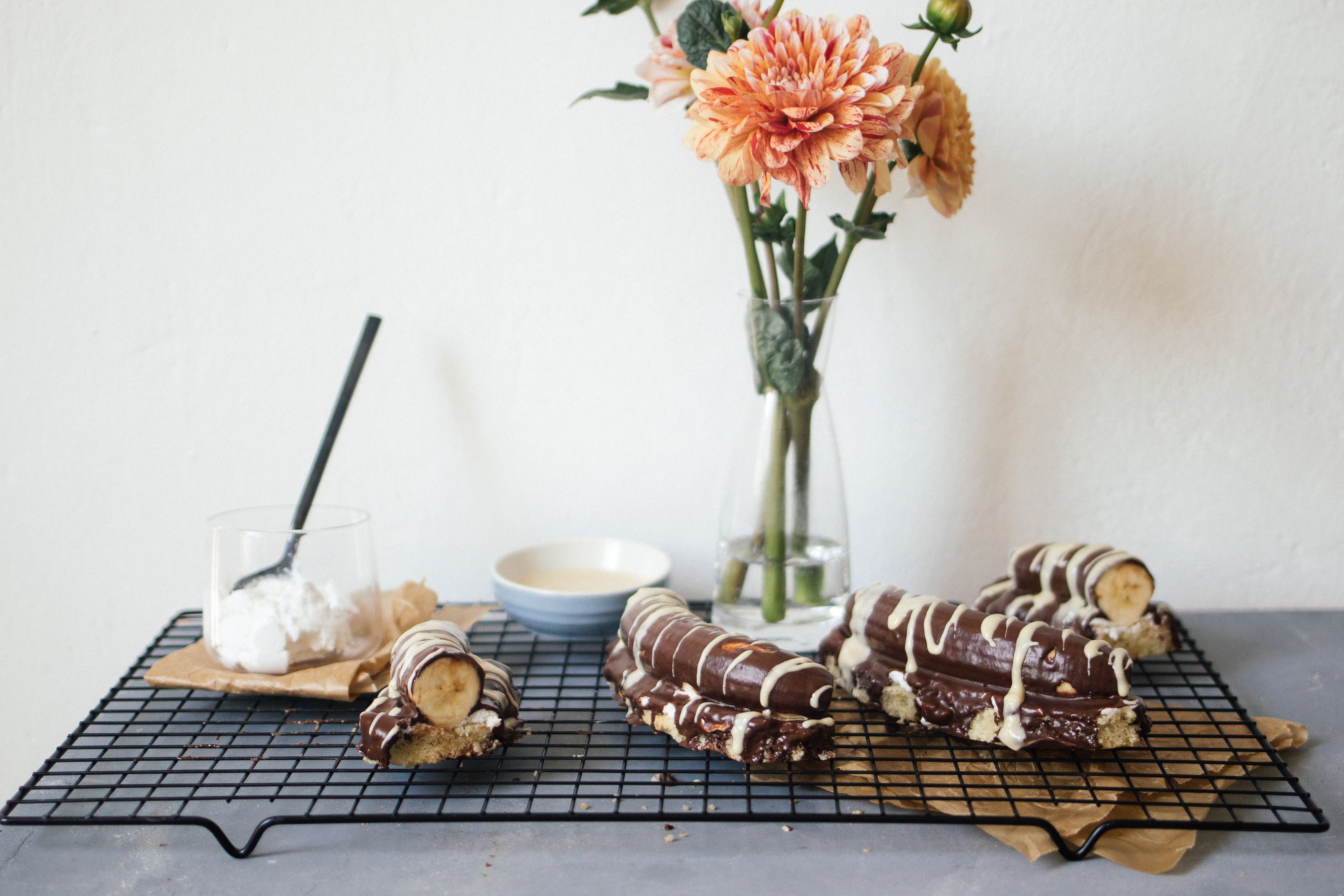 Vegan chocolate covered banana with whipped cream & sponge cake