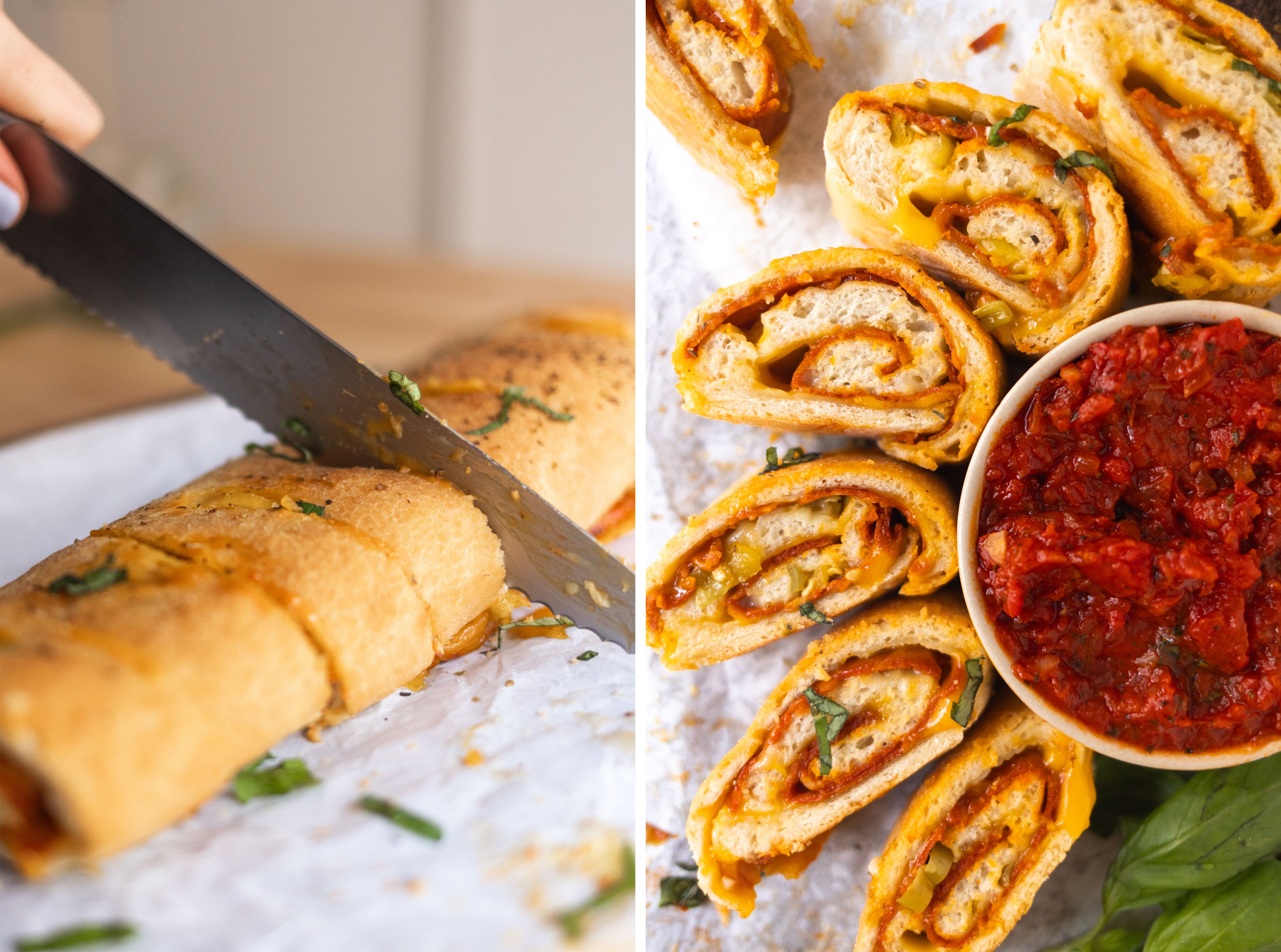R846 Gefüllte Pizzarolle (aka Stromboli) mit veganer Salami und Pfefferonen