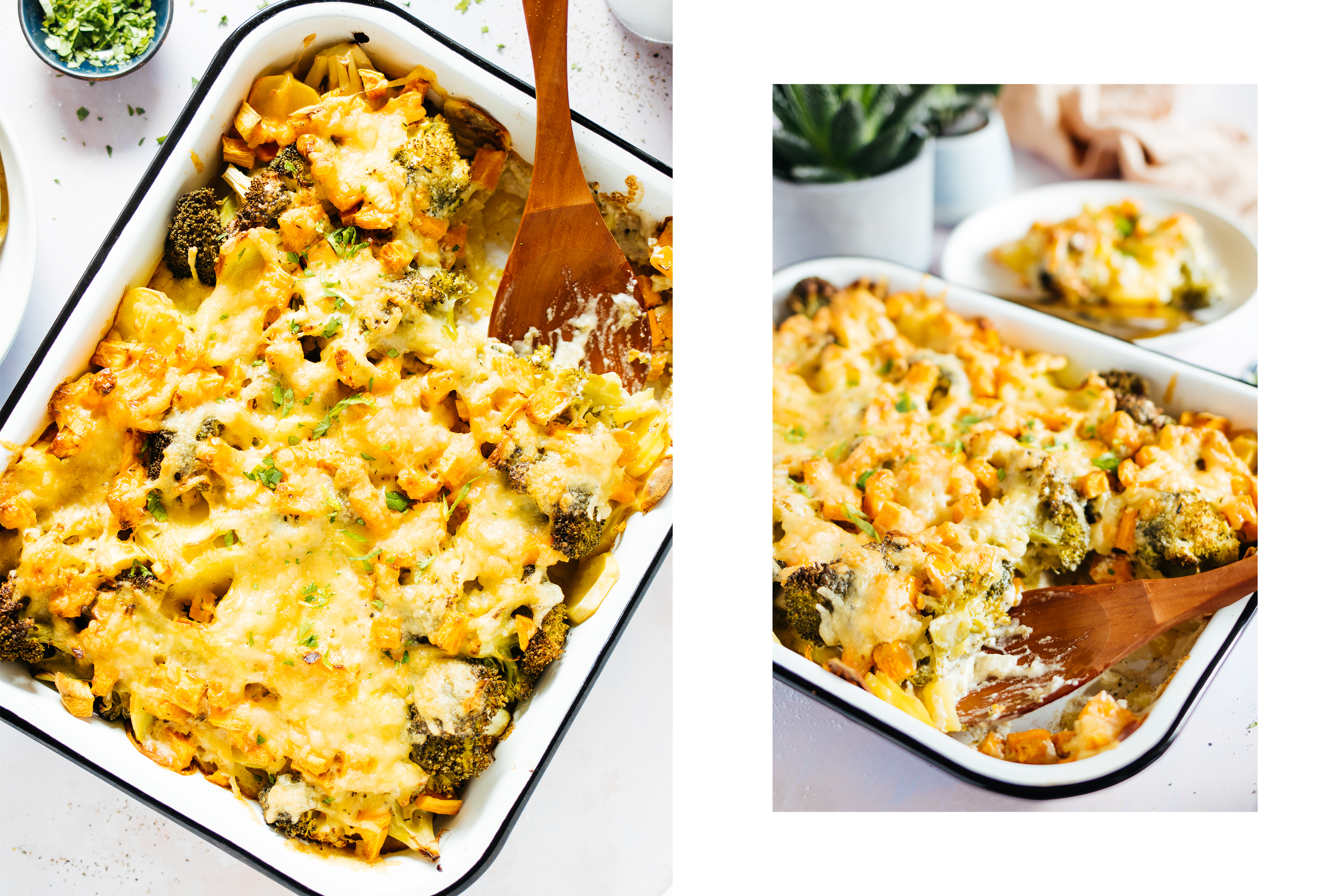 R585 Cremiger, veganer Kartoffel-Brokkoli-Auflauf