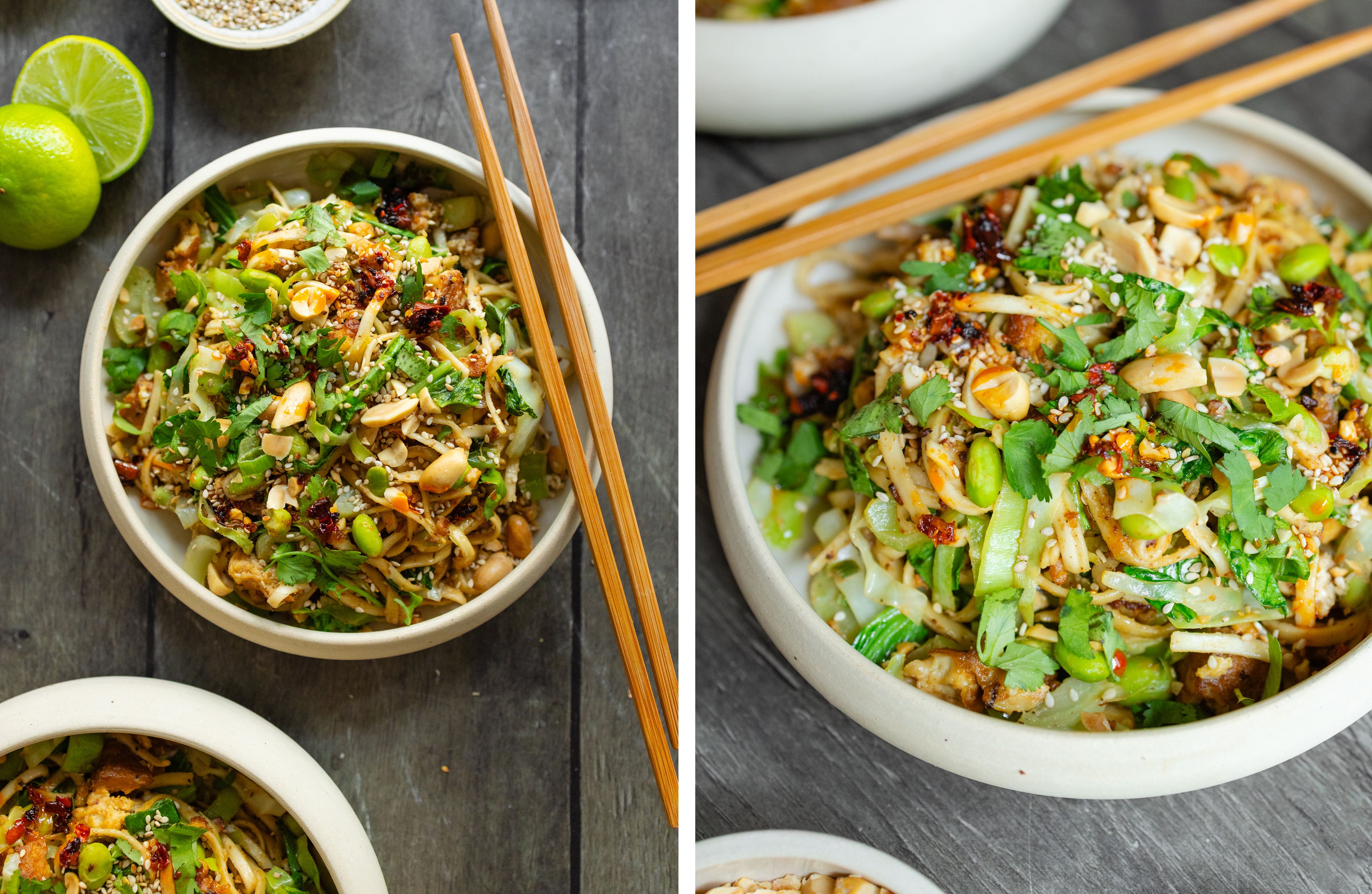 R865 Schnelle gebratene Nudeln mit Gemüse, Tofu und Erdnusssoße