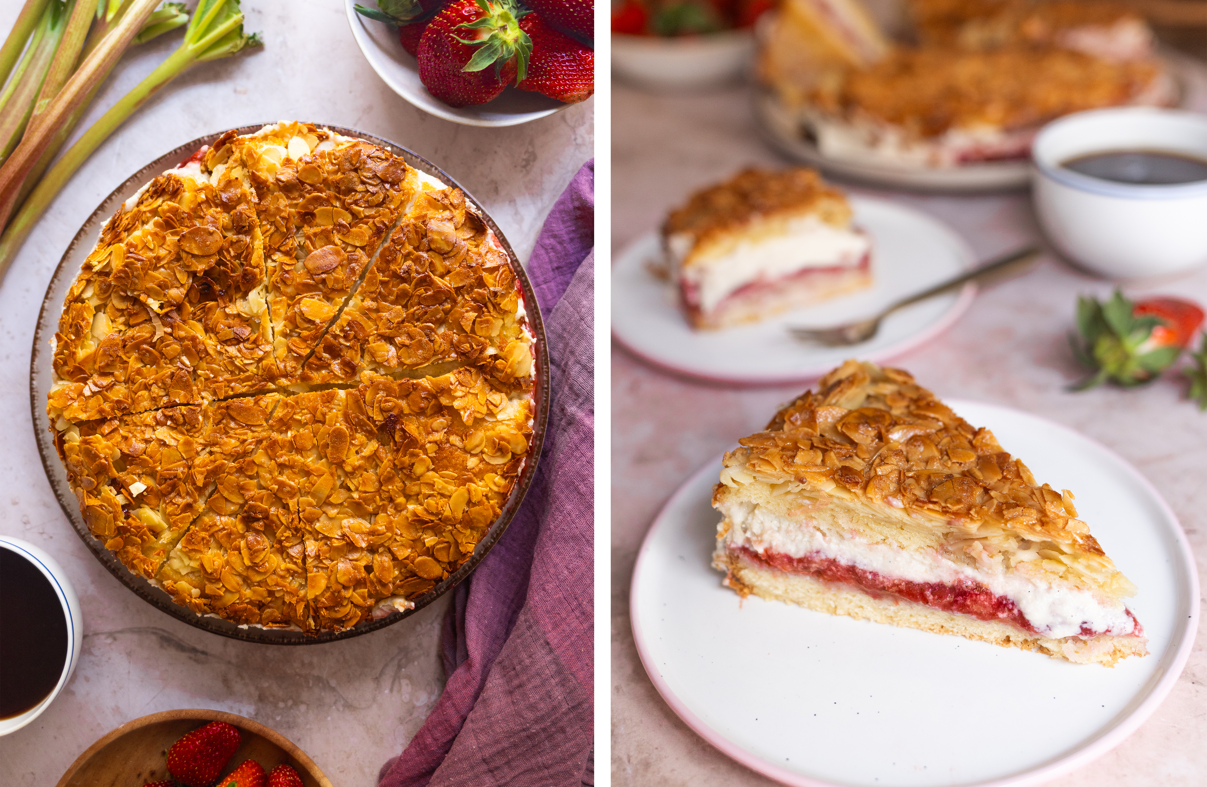 R965 - Bienenstich x Rhabarber - Veganer Bienenstich Käsekuchen mit Rhabarber und Erdbeerkompott