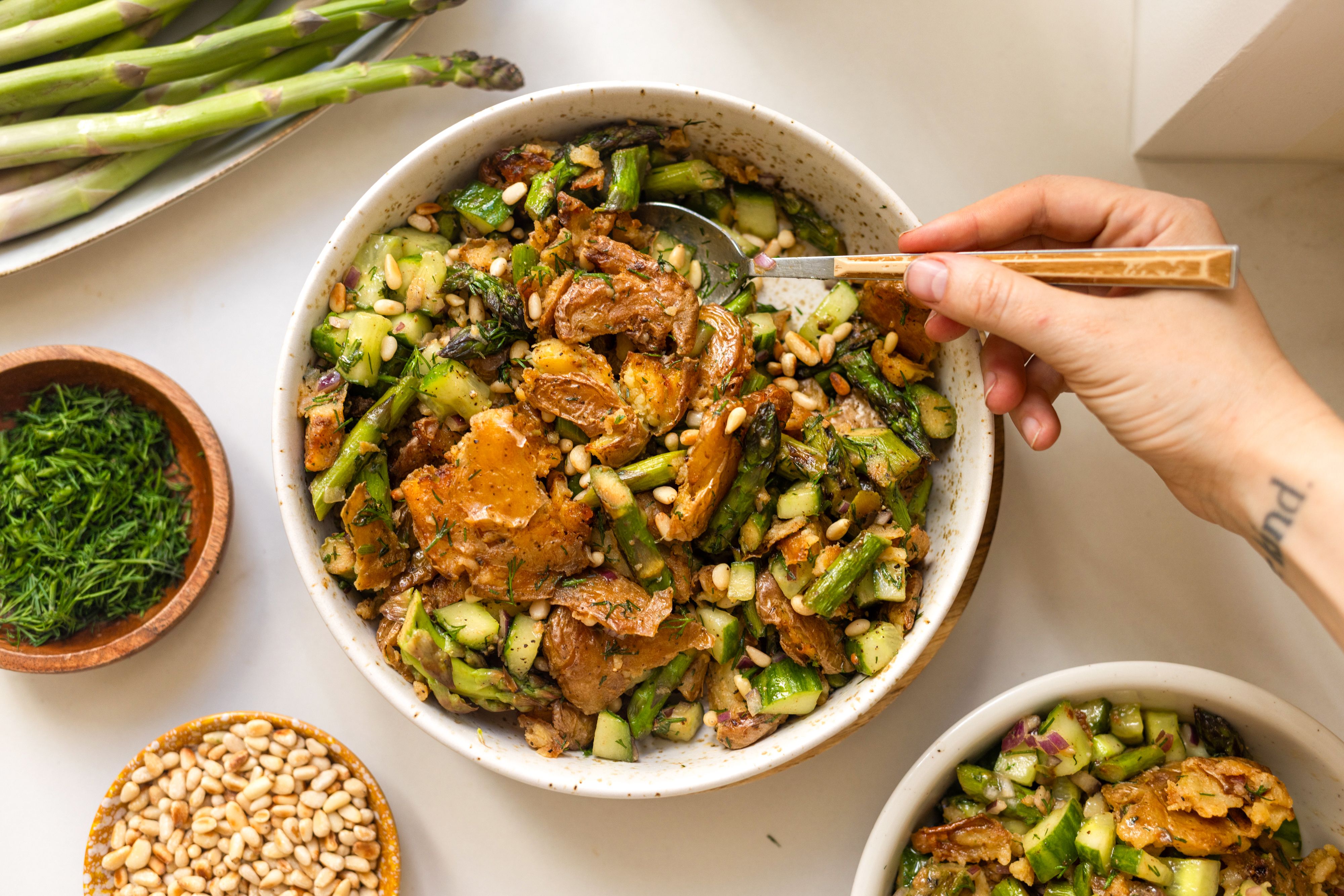 Crispy Smashed Potato Salad with Asparagus and Vegan Honey Mustard Dressing