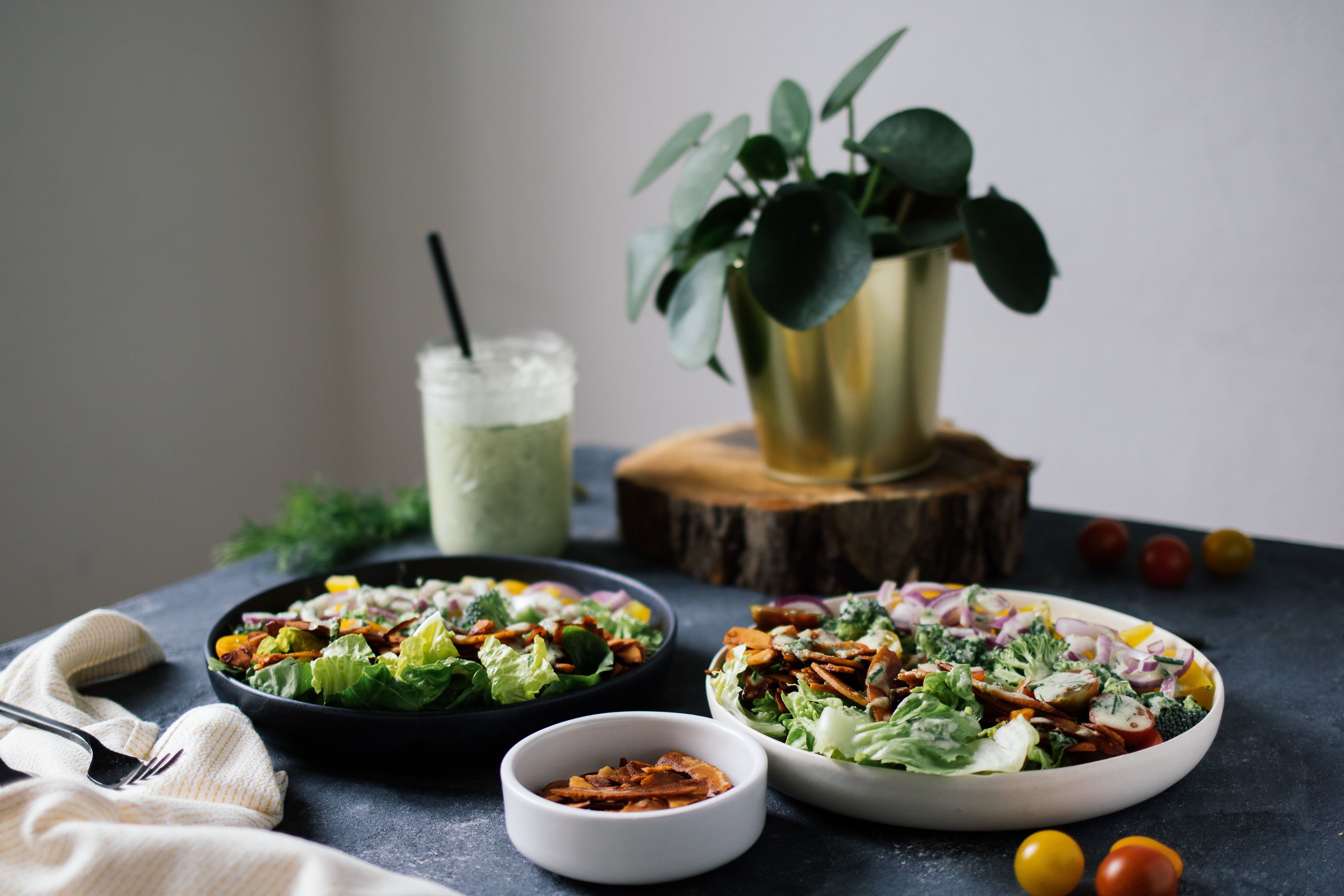 Colorful Salad with coconut bacon & vegan ranch dressing