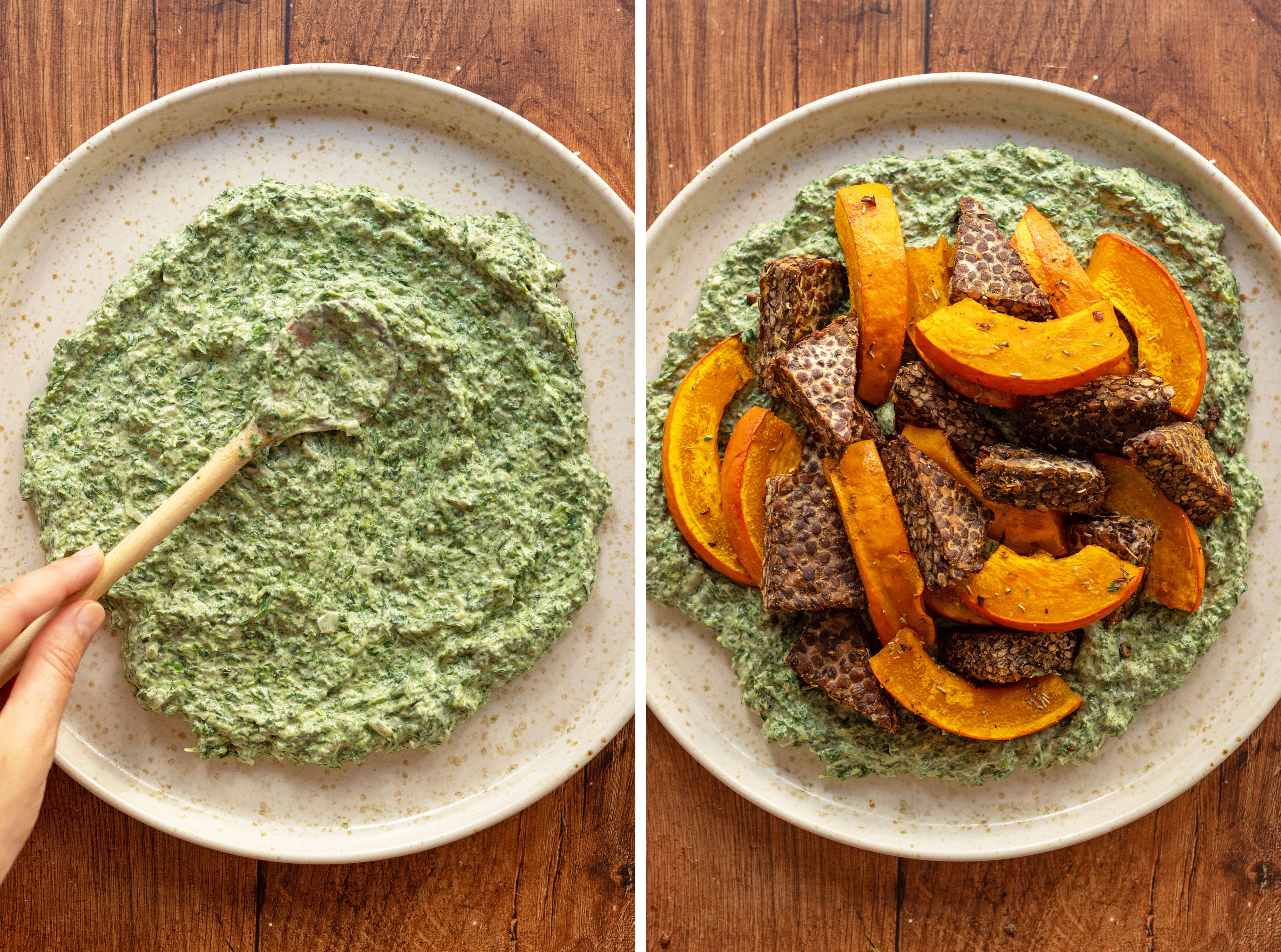 R992 Kürbis und Tempeh aus dem Ofen mit würzigem Rahmspinat und Mango-Salsa