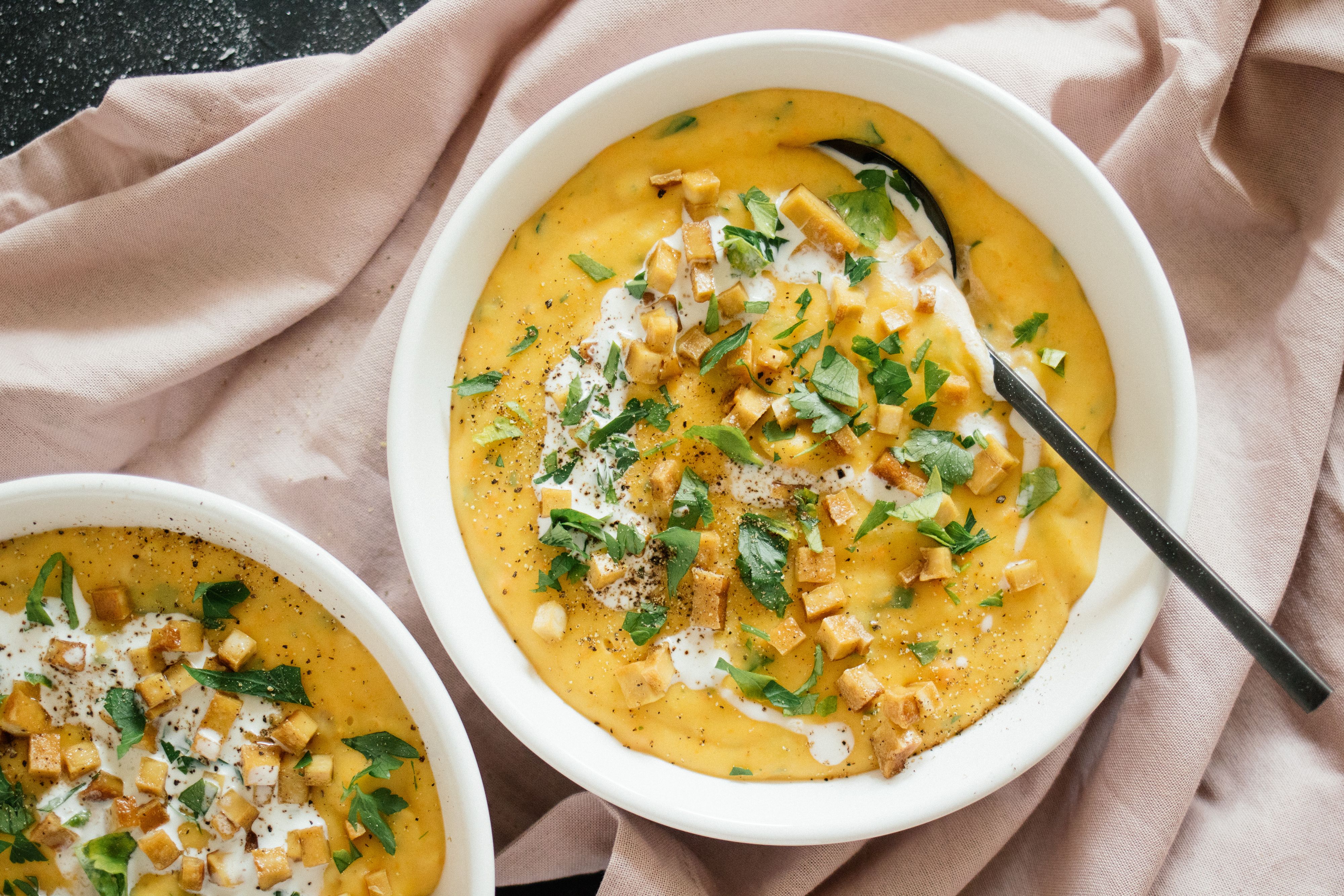 Vegan potato soup with smoked tofu