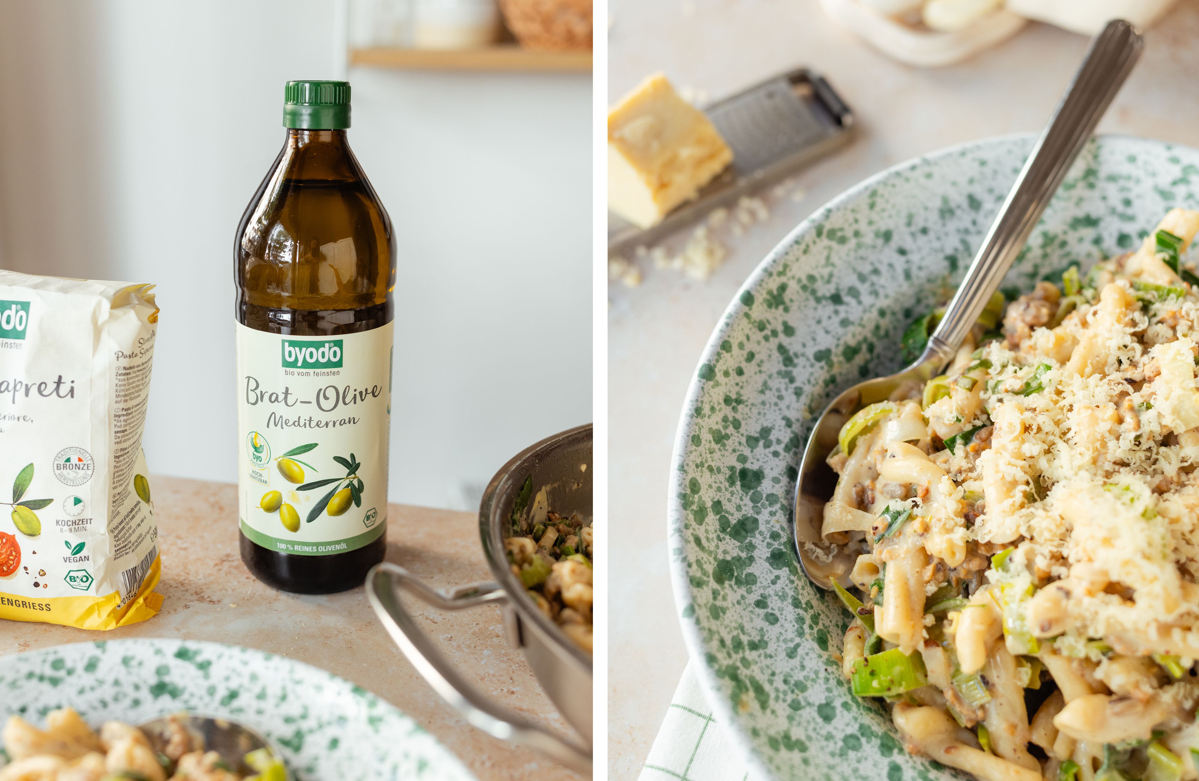 950 Pasta with Leek-Cheese and vegan Meat