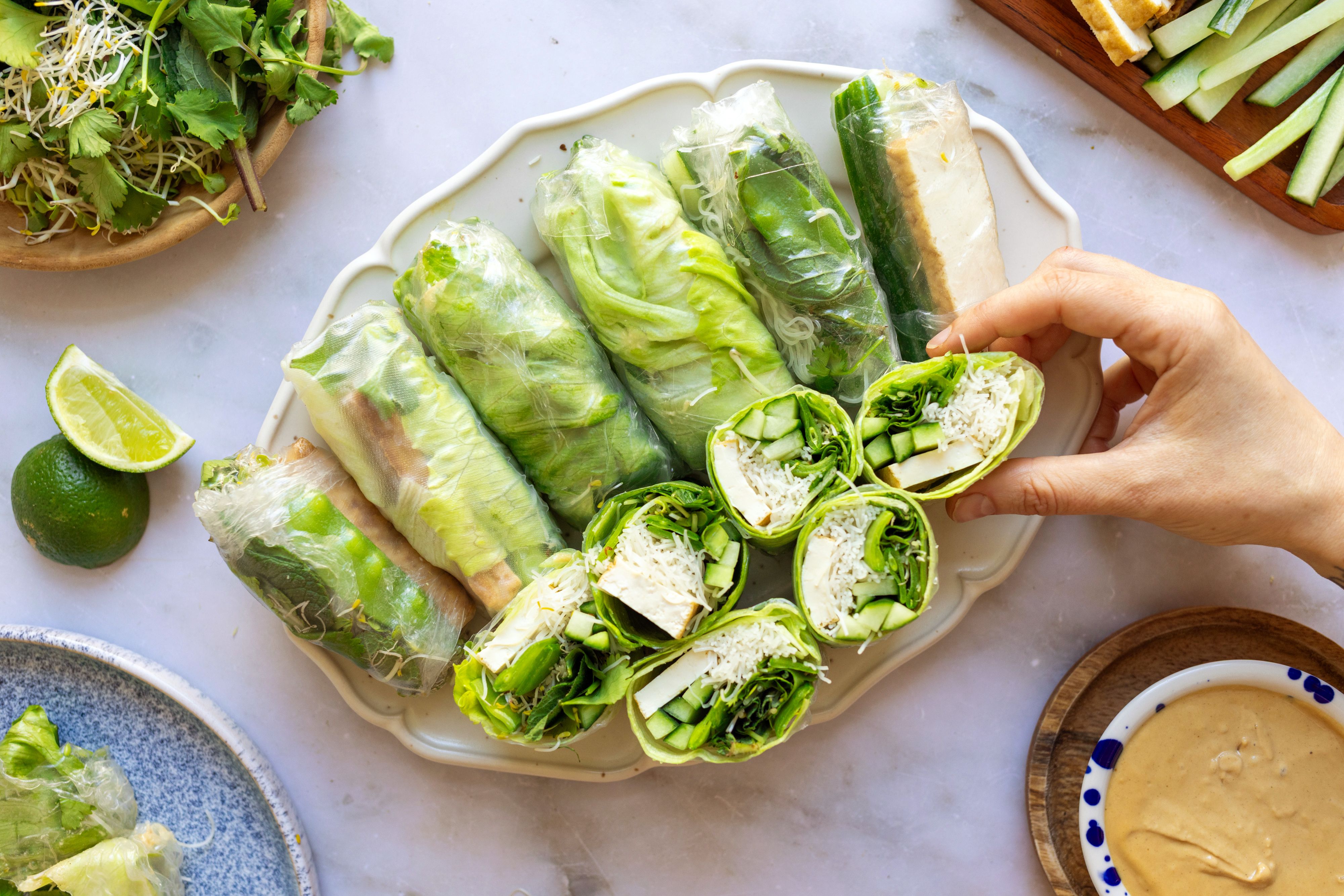 Green Summer Rolls with Sugar Snap Peas and Sesame Dip