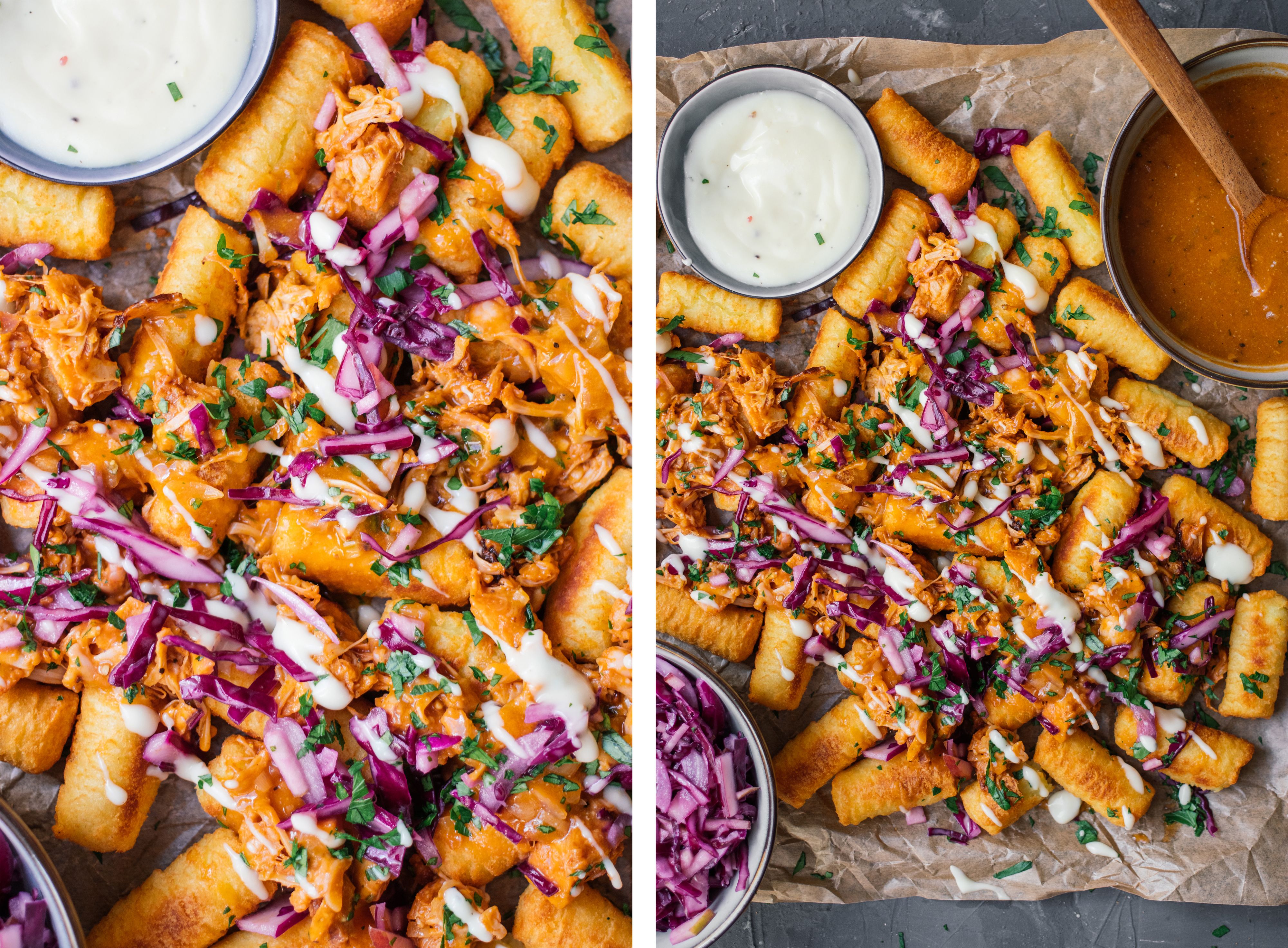 R599 Loaded Tater Tots with Jackfruit, Red Cabbage, And Quick Vegan Gravy