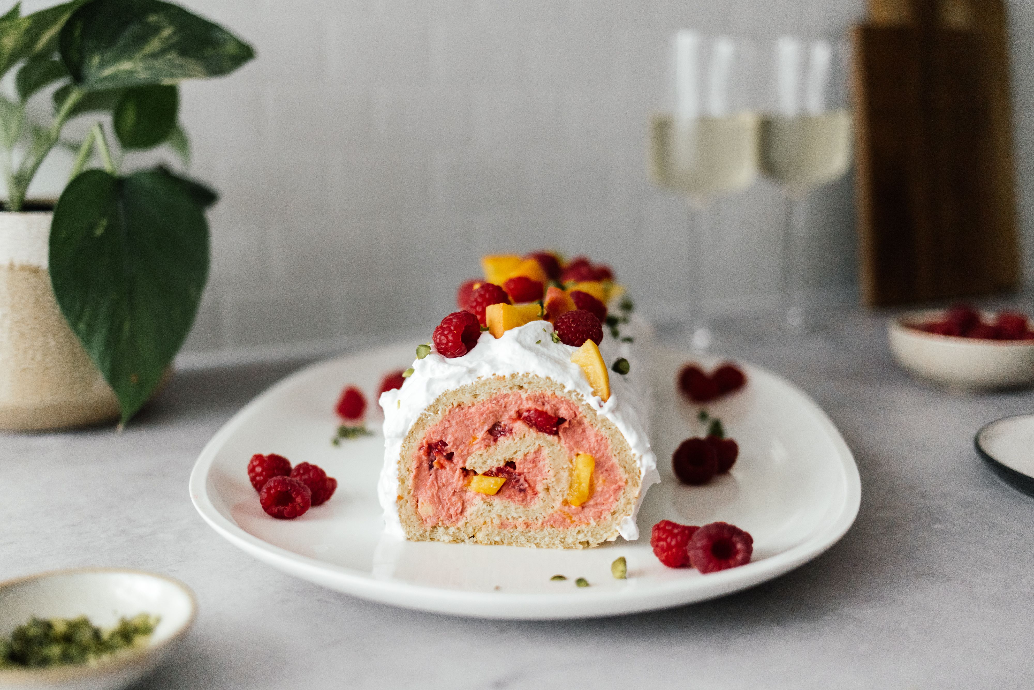 Vegan Raspberry and Peach Melba Swiss Roll