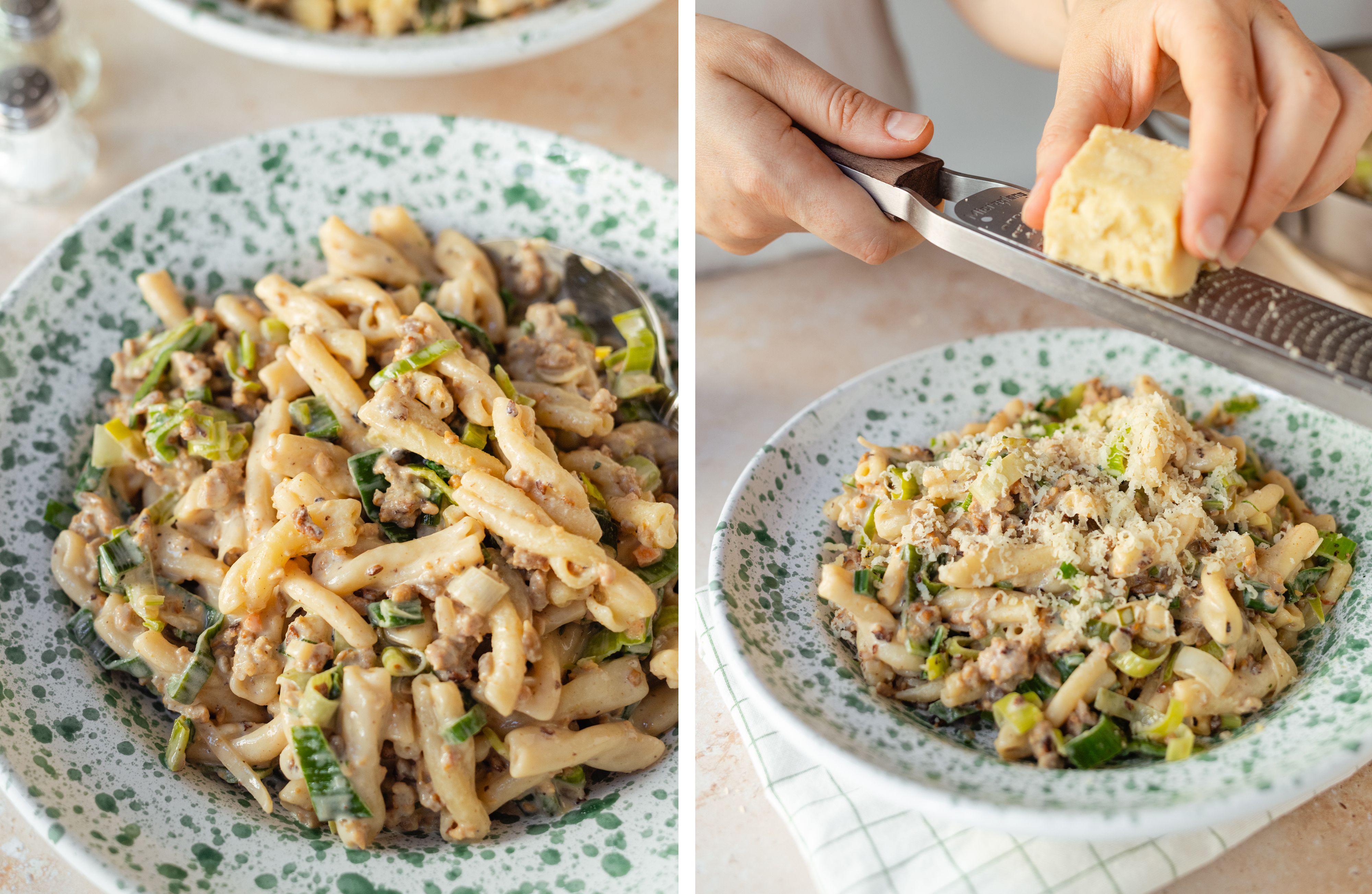 R950 Pasta with Cheese-Leek and vegan meat 