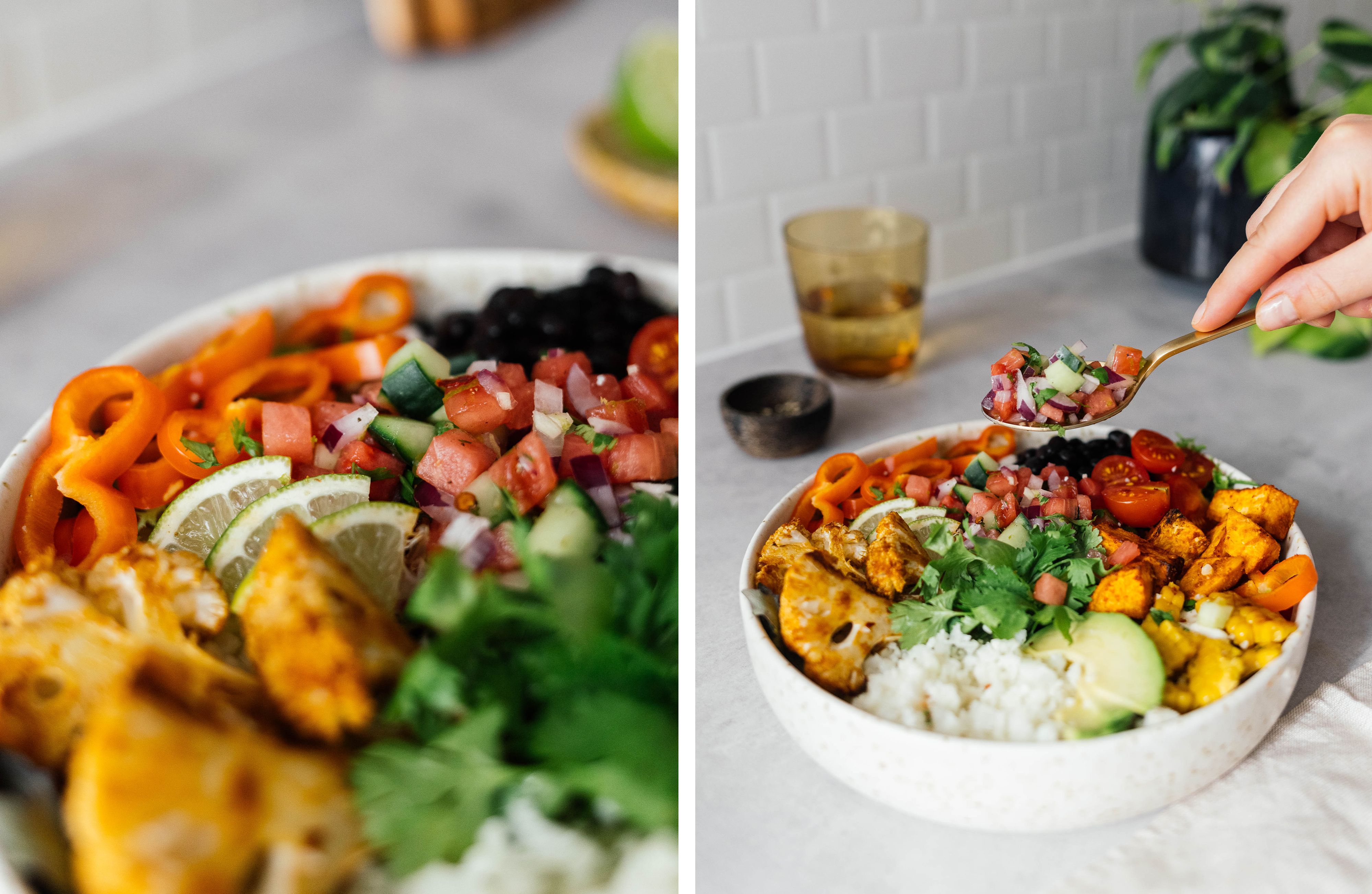 R757 Sommerliche Burrito-Bowl mit Wassermelonen-Salsa