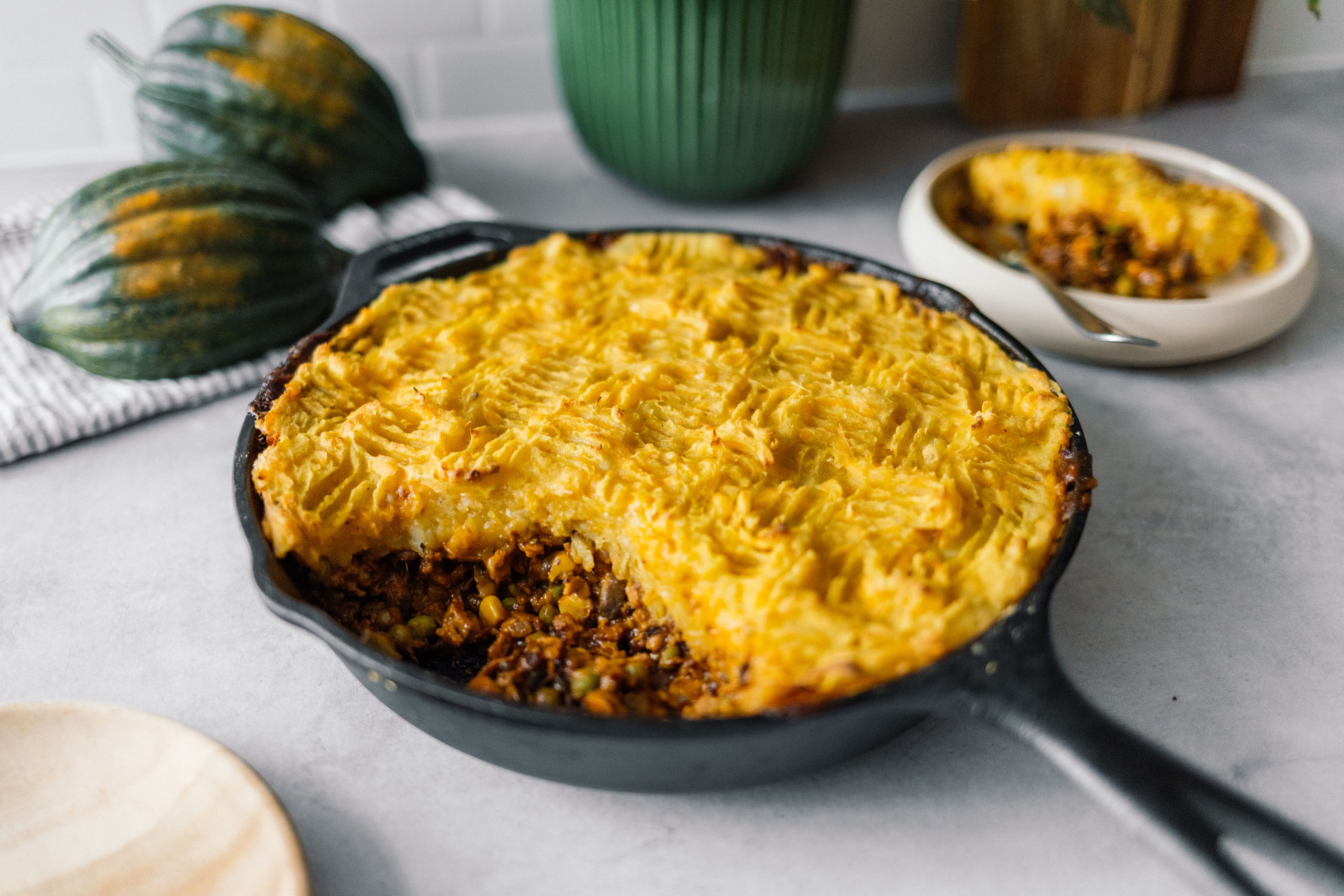 Veganer Cottage Pie mit Kürbis