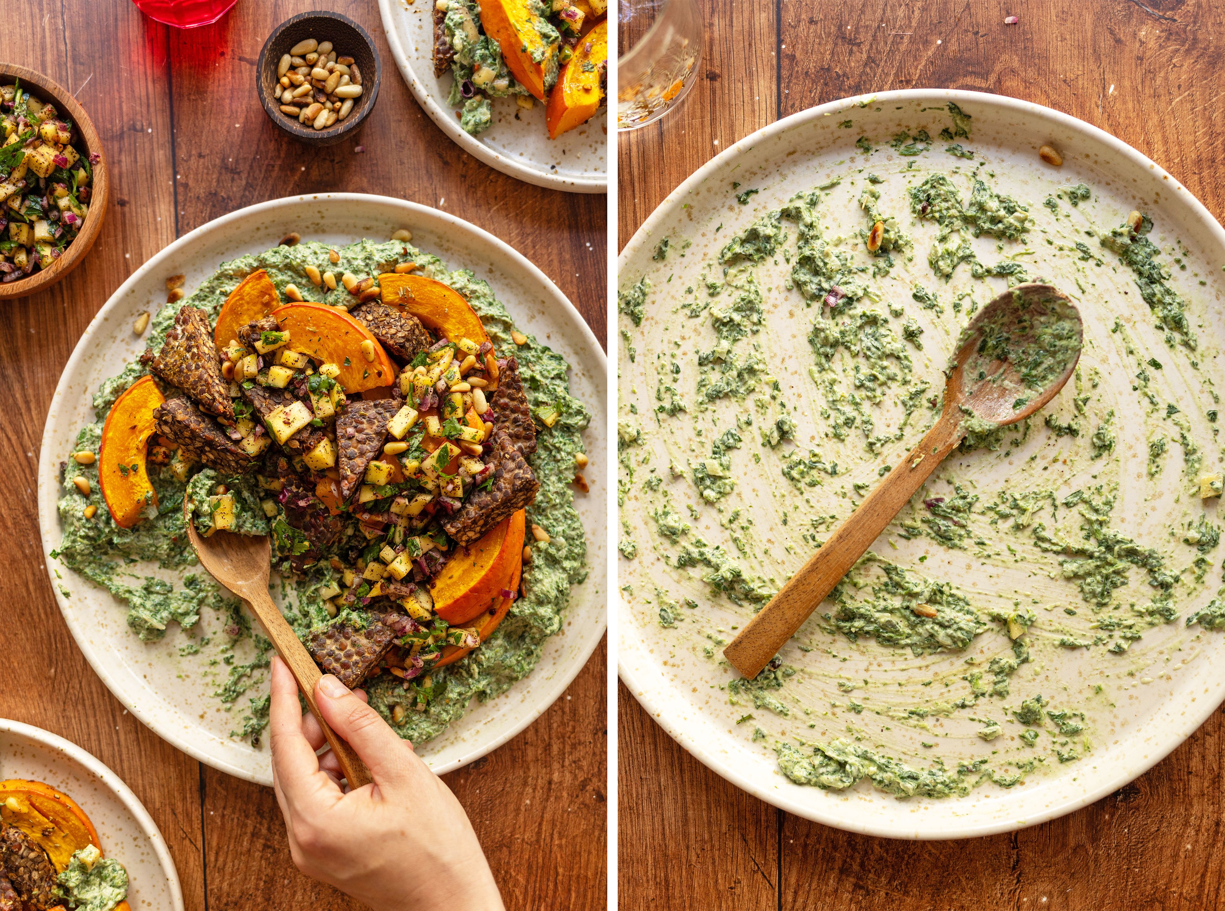 R992 Kürbis und Tempeh aus dem Ofen mit würzigem Rahmspinat und Mango-Salsa