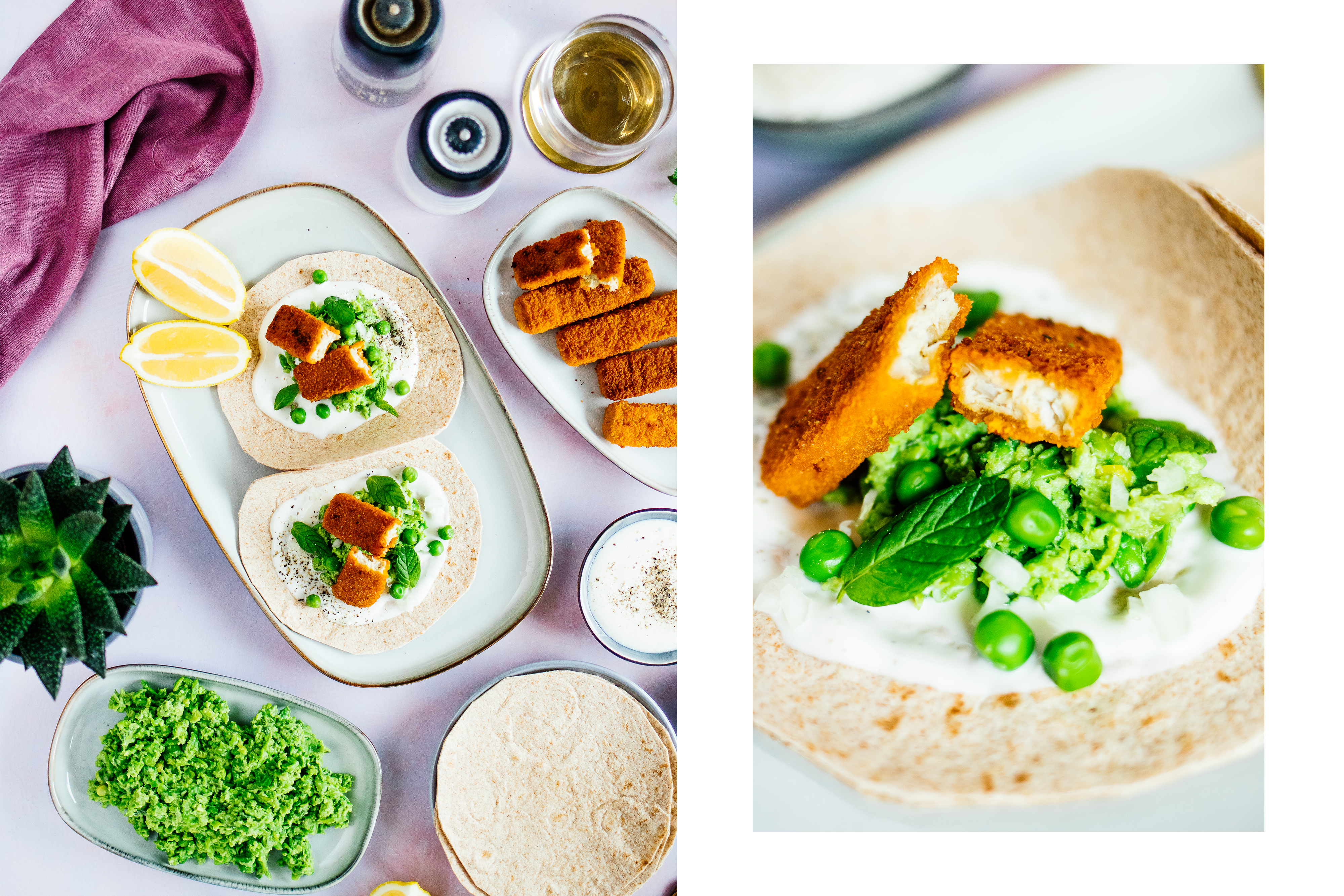 R613 Vegan Fish Stick Tacos with Minty Pea Mash