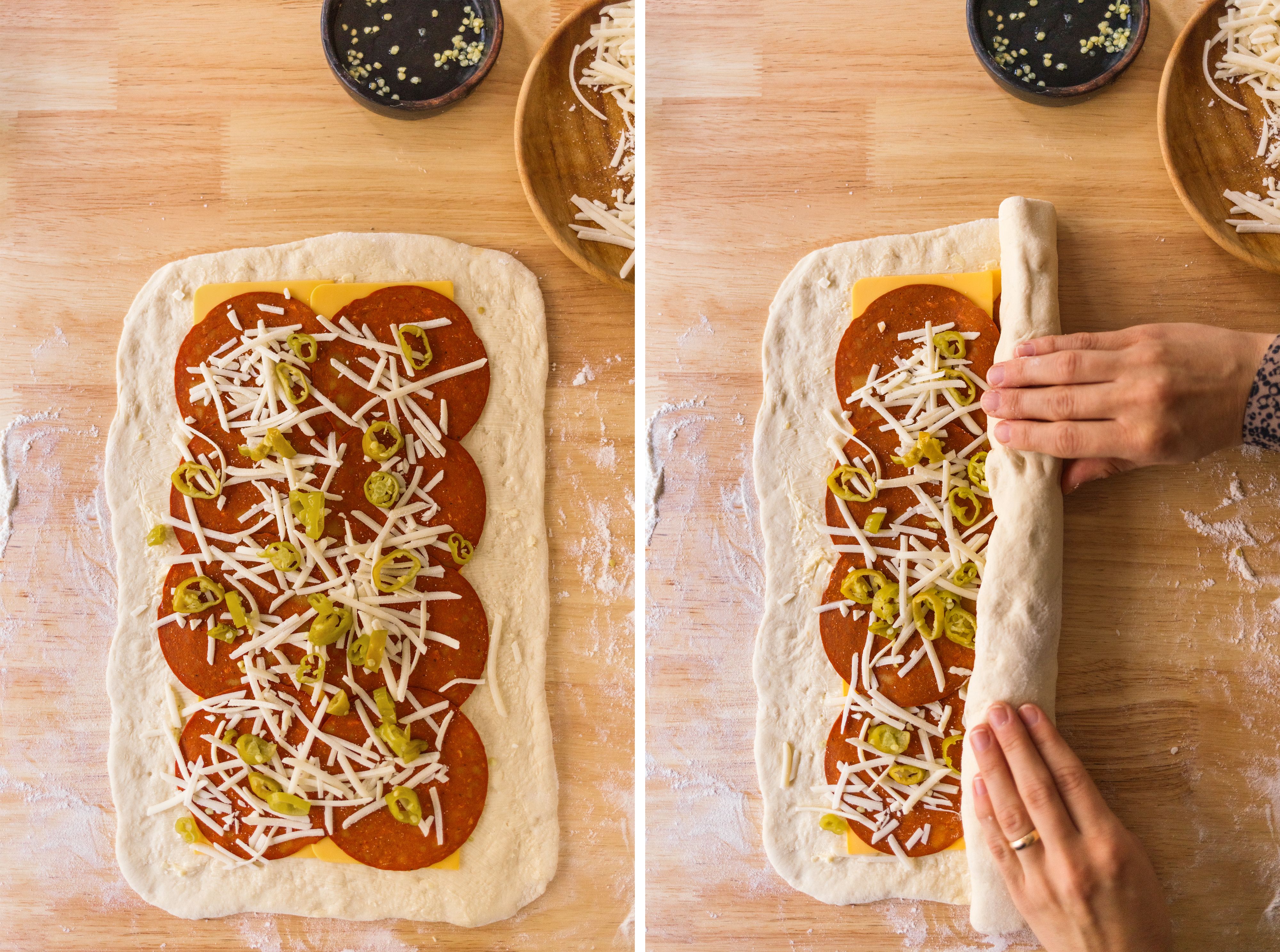 R846 Gefüllte Pizzarolle (aka Stromboli) mit veganer Salami und Pfefferonen