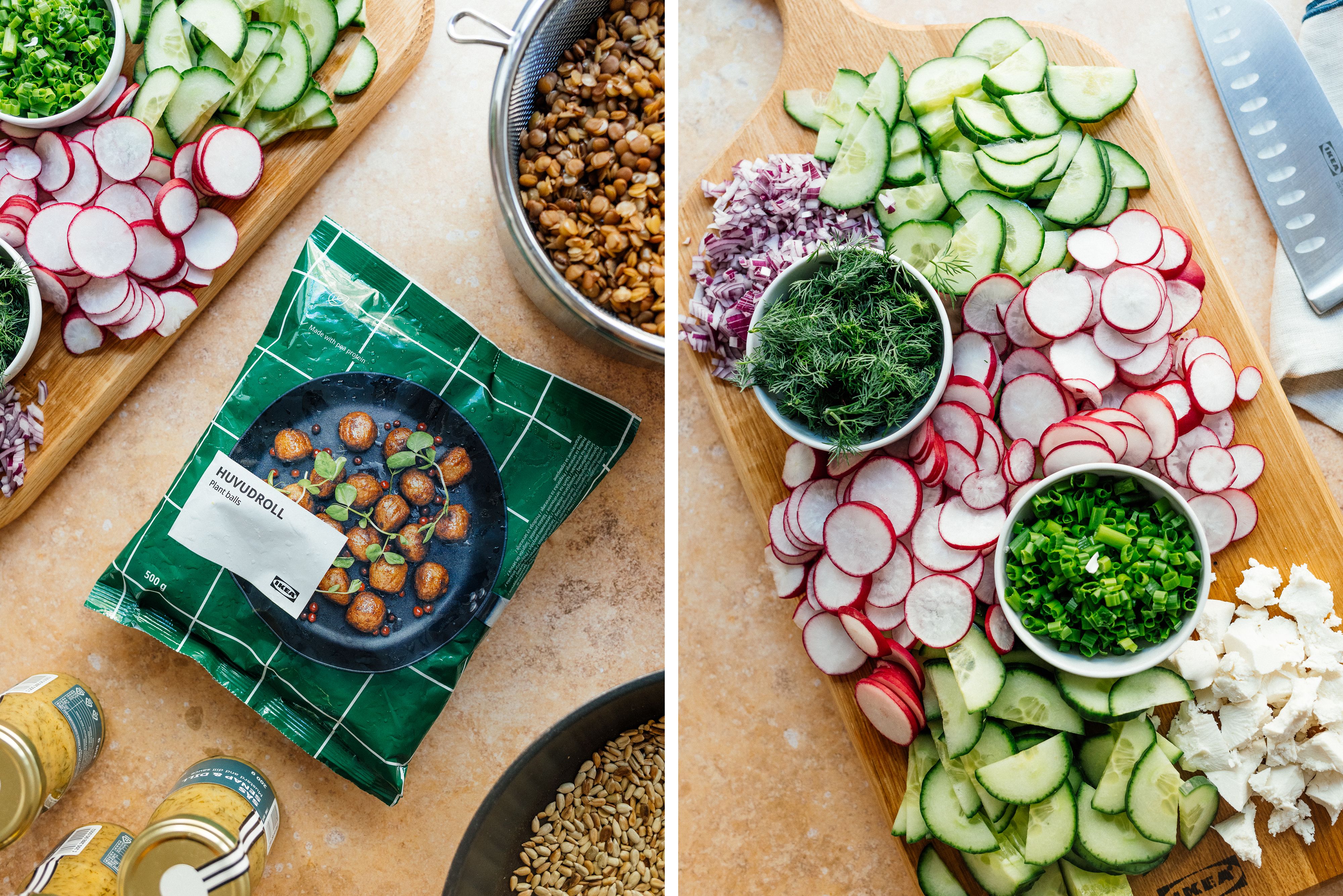 R897 Veganer Kartoffelsalat mit Fleischbällchen & Senf-Dill-Soße