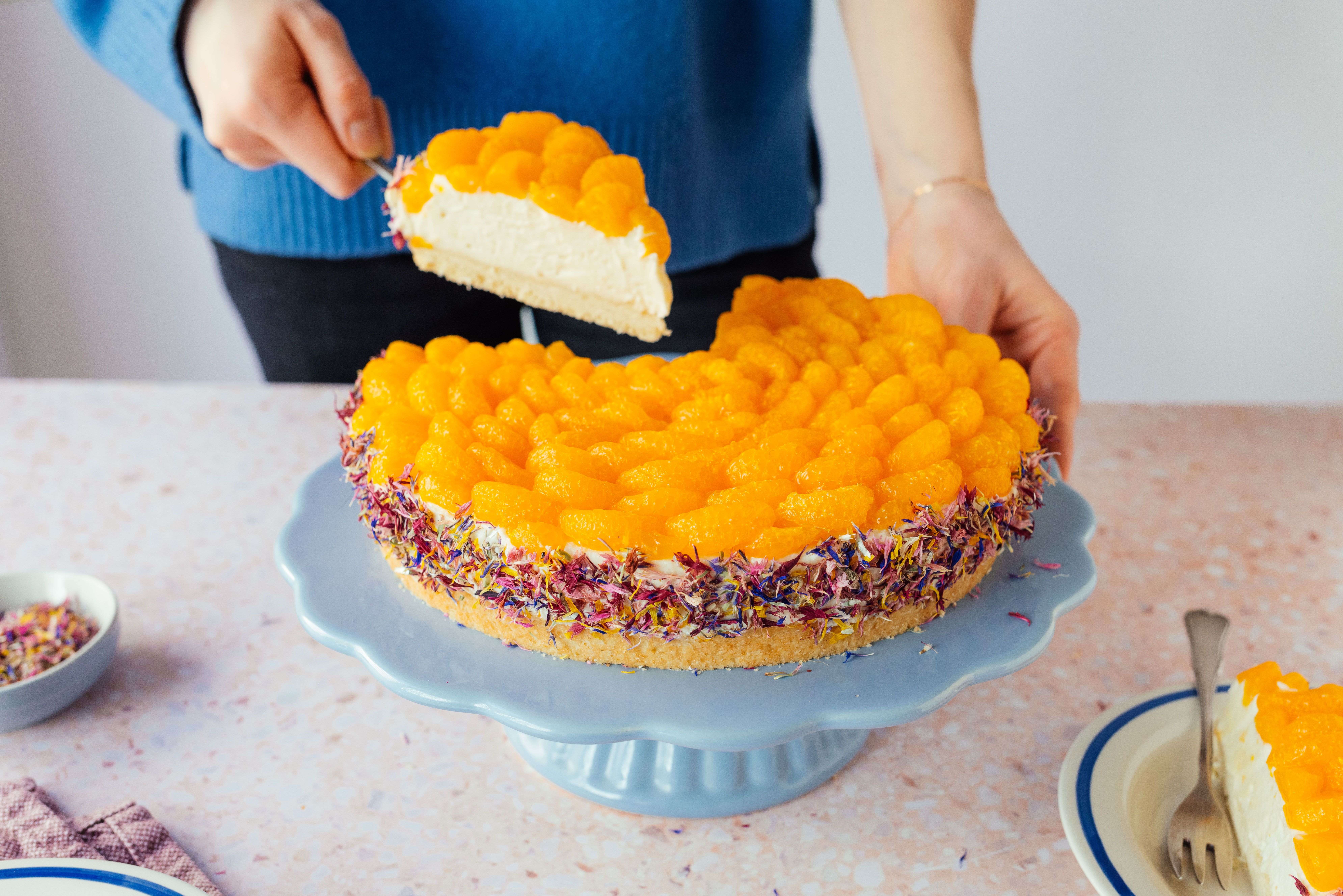 Vegan Sour Cream and Mandarin Cake with Edible Flowers 