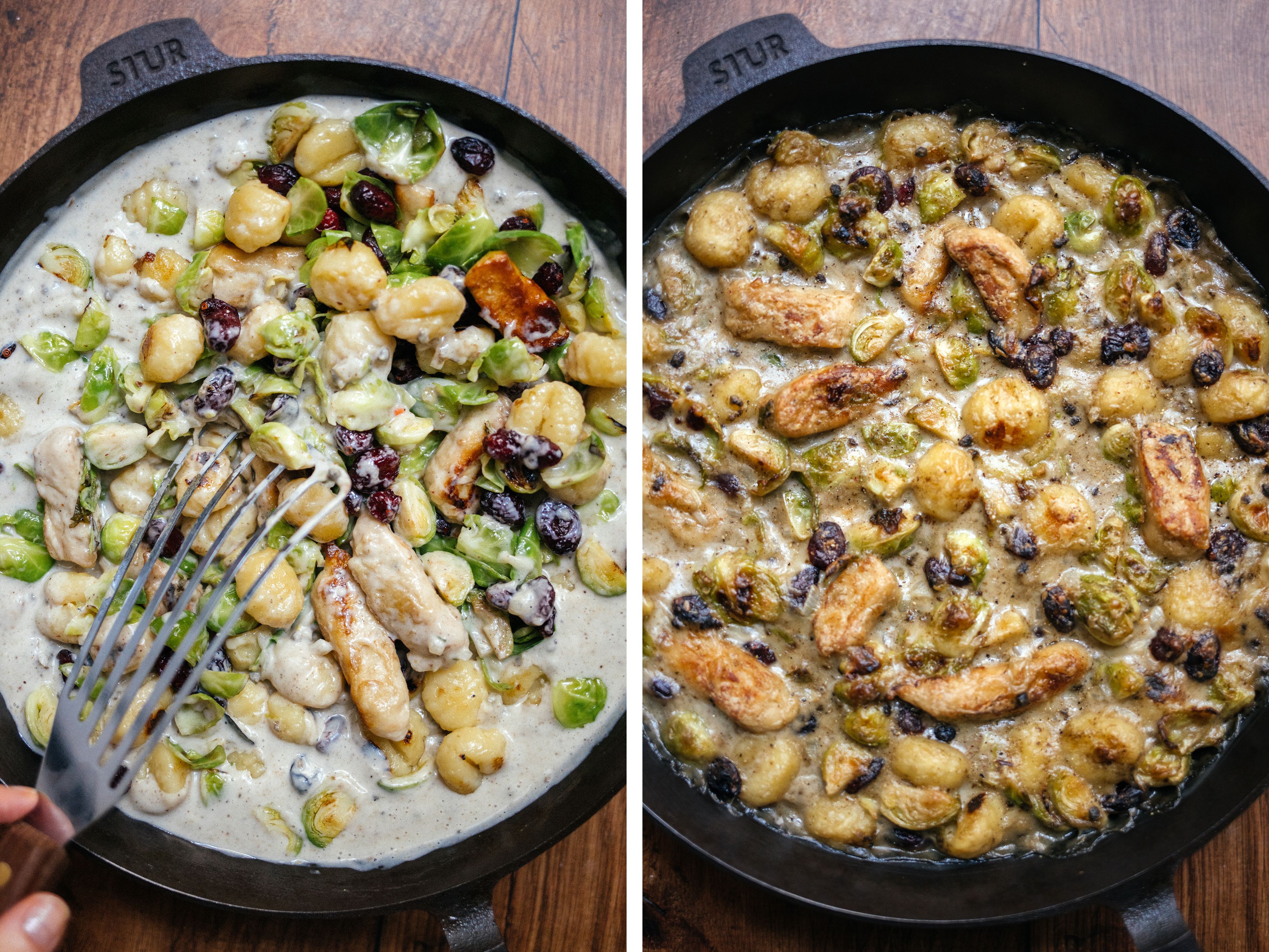 R804 Gnocchi-Pfanne mit Rosenkohl und veganen Filets