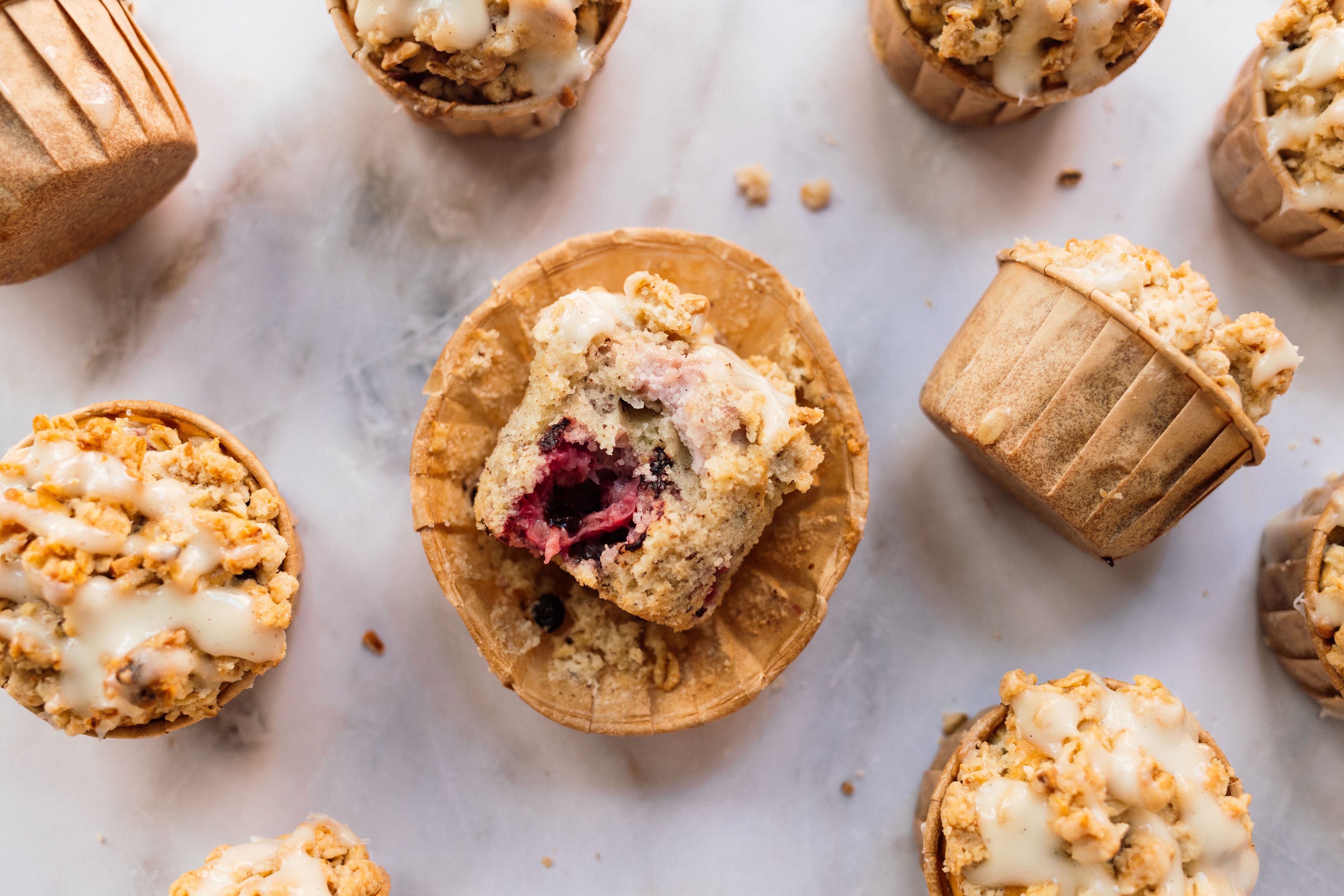 Vegan Raspberry Muffins with Cream Cheese Filling and Oat Crumbles