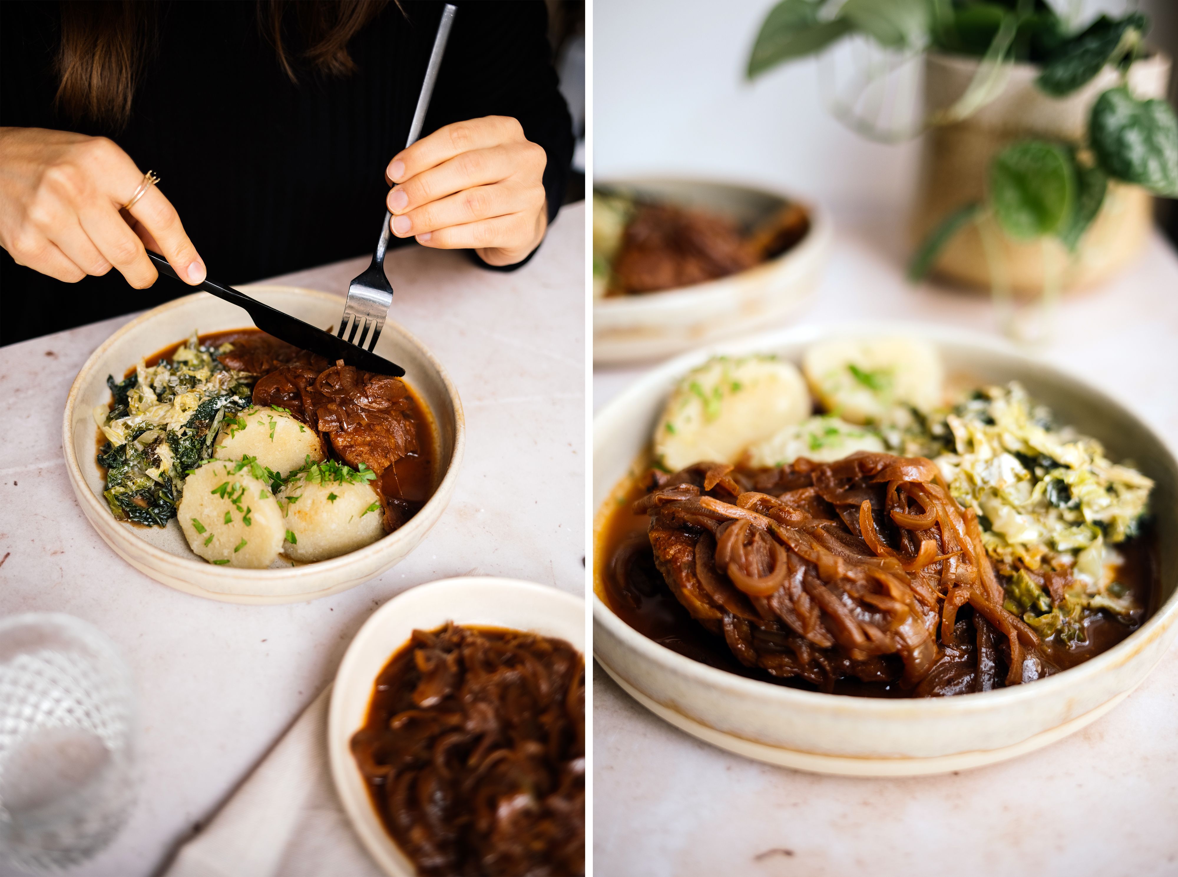 R687 Grüne Klöße mit Zwiebelrostseitan und veganem Rahmwirsing