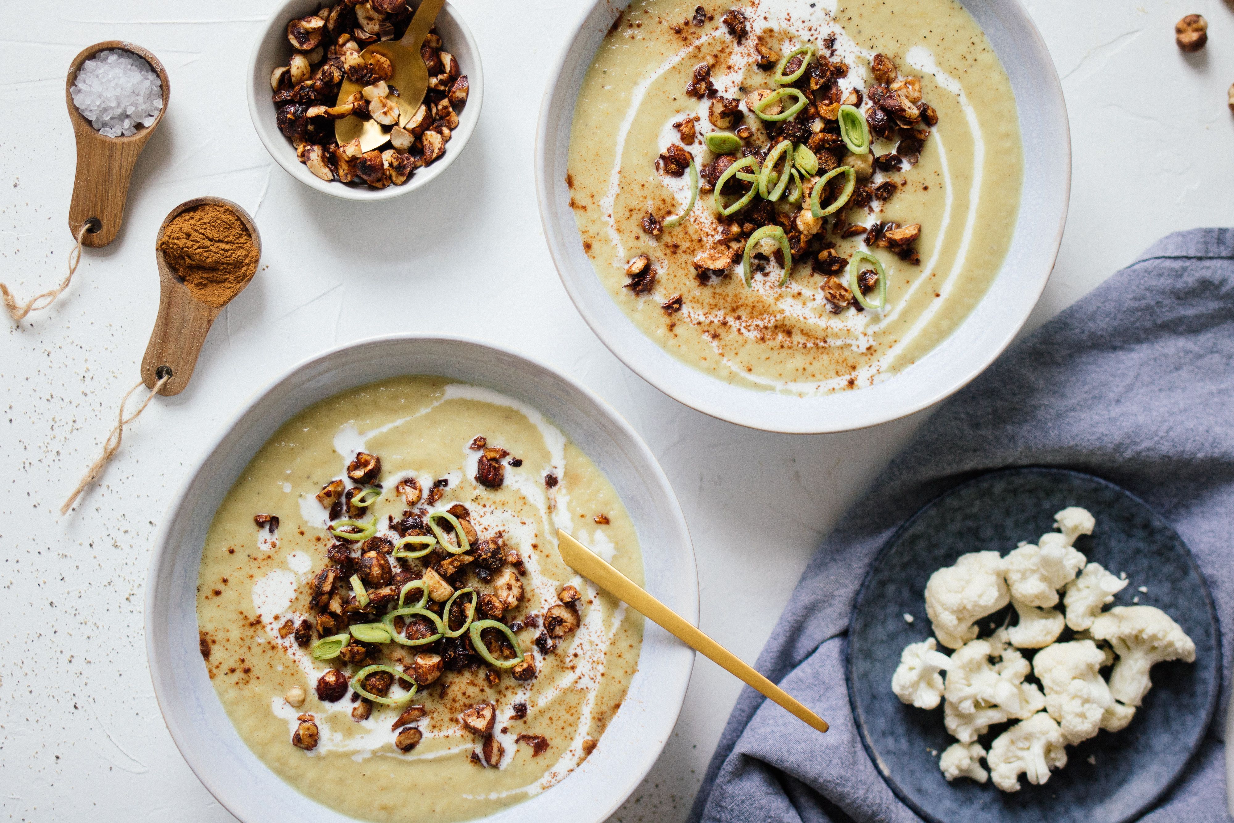 Cauliflower Apple Soup with Cinnamon Nuts