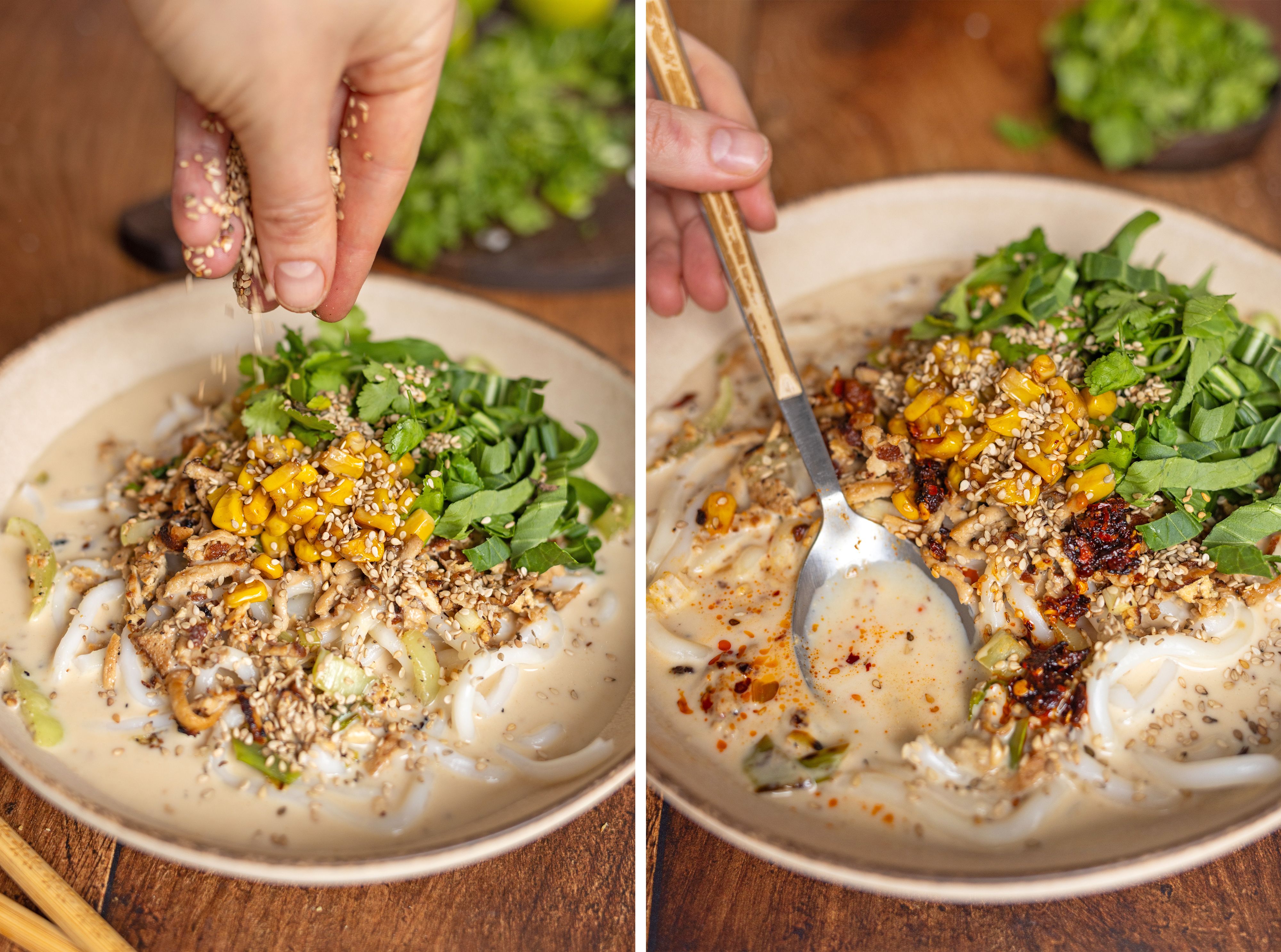 R1022 Curry mit Udonnudeln, Tofu und gebratenem Mais