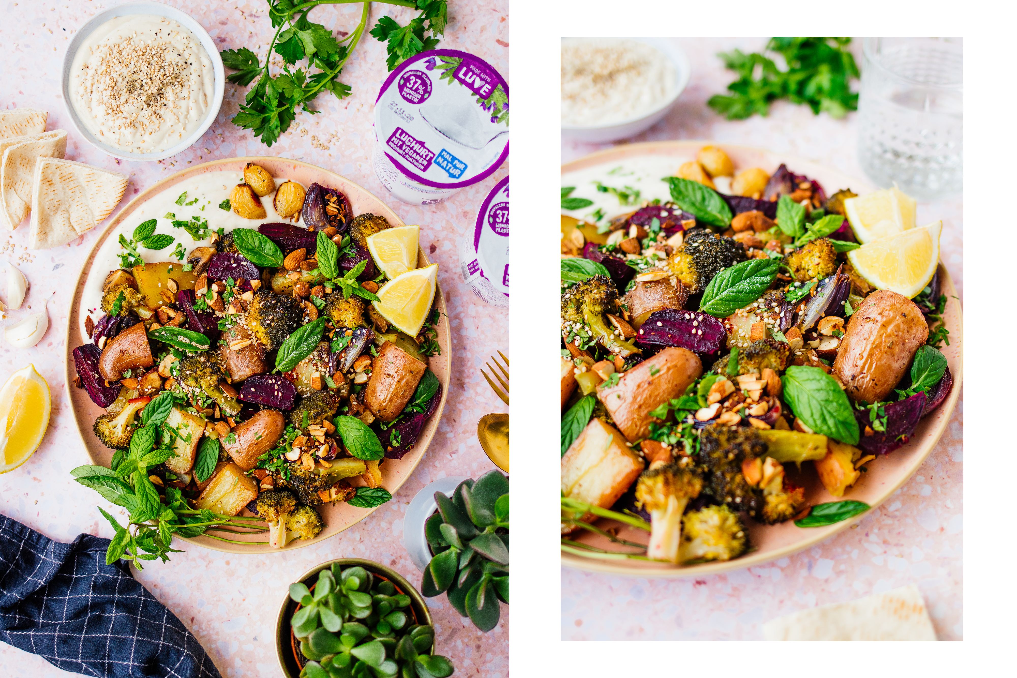 R607 Vegane Tahin-Joghurt-Creme mit geröstetem Brokkoli, Pilzen & Mandeln